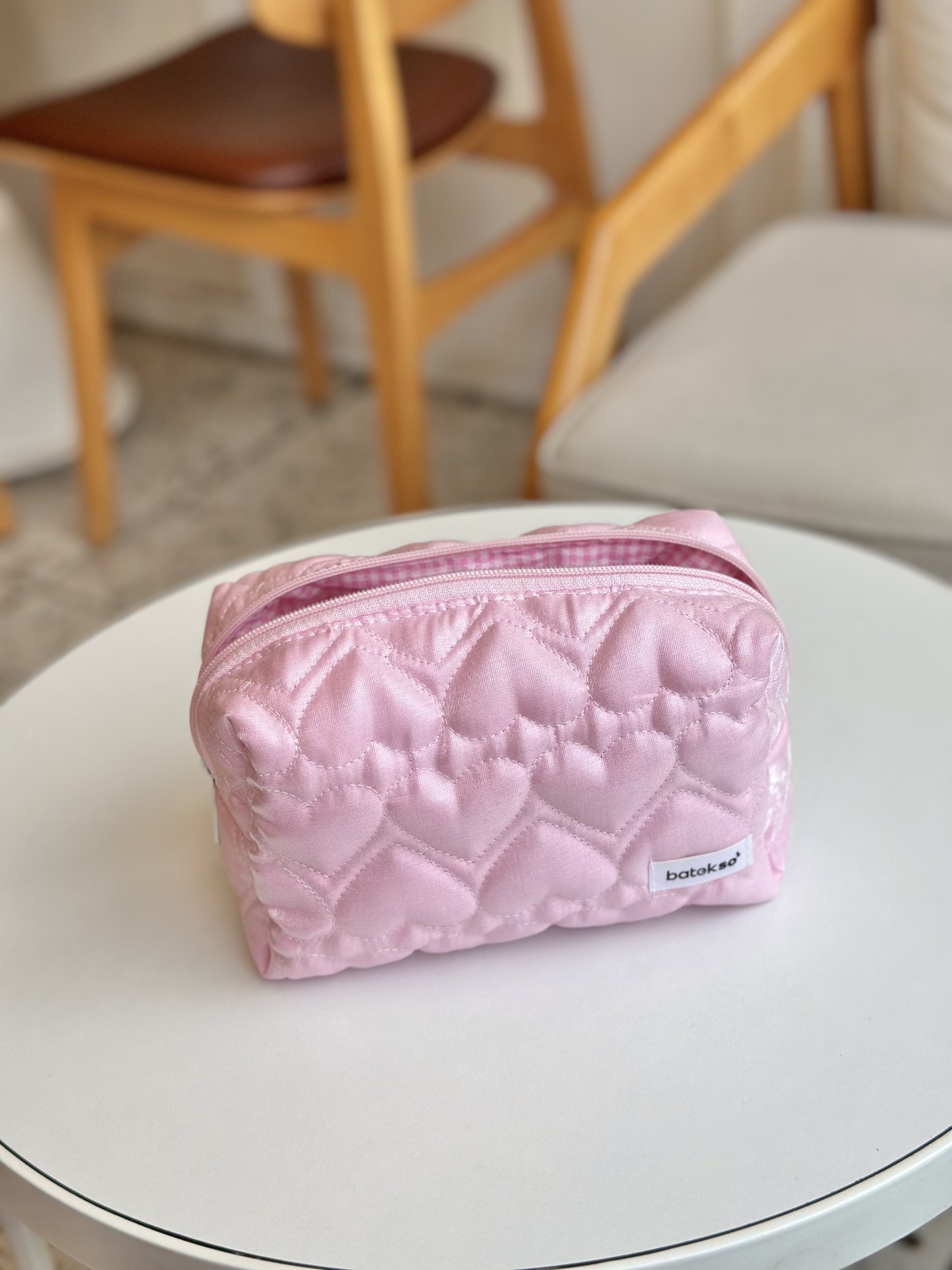 Şeker Pembe Kalp Desenli Makyaj Çantası - Büyük Boy