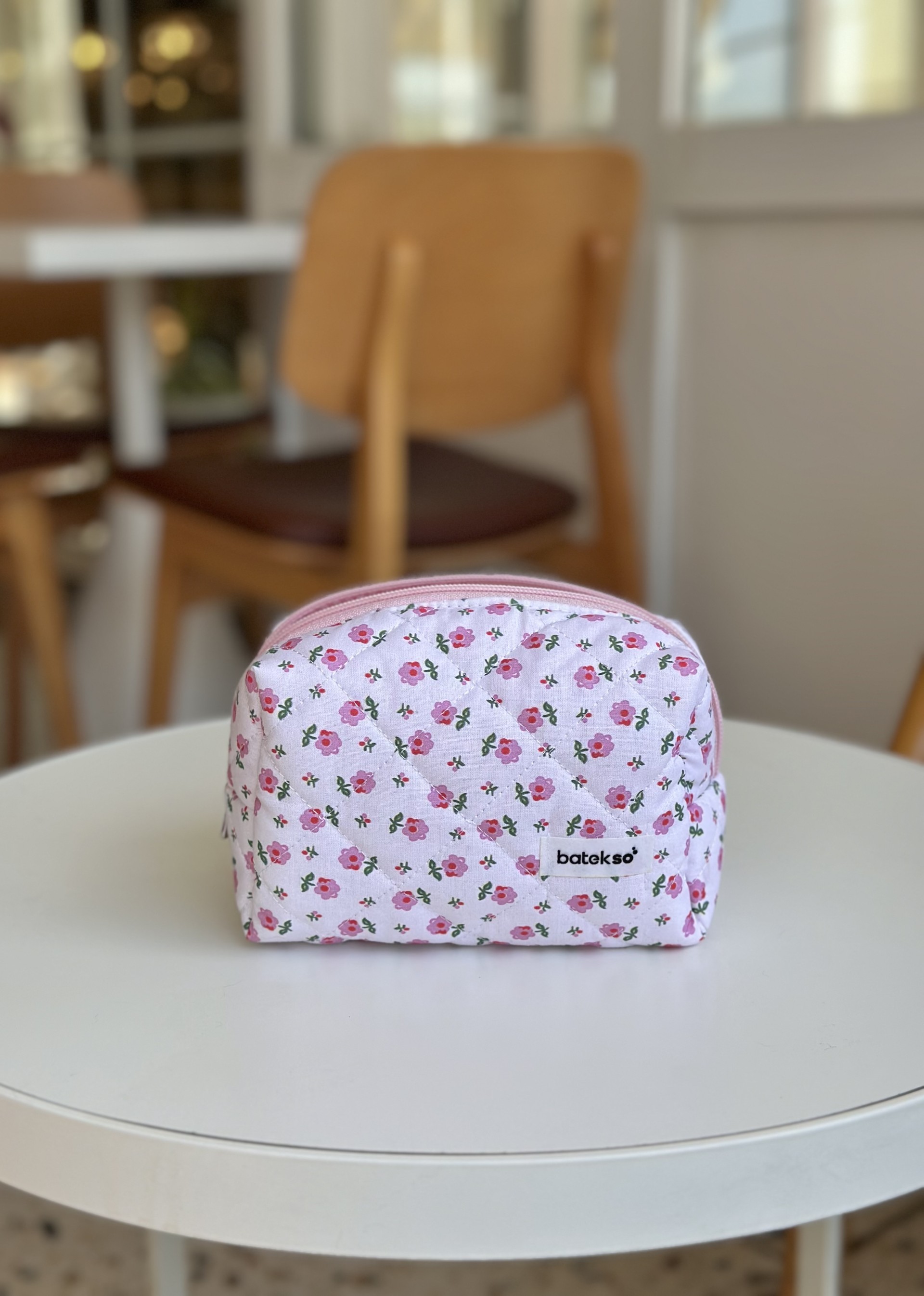 Minik Pembe Çiçek Desenli Makyaj Çantası - Orta Boy
