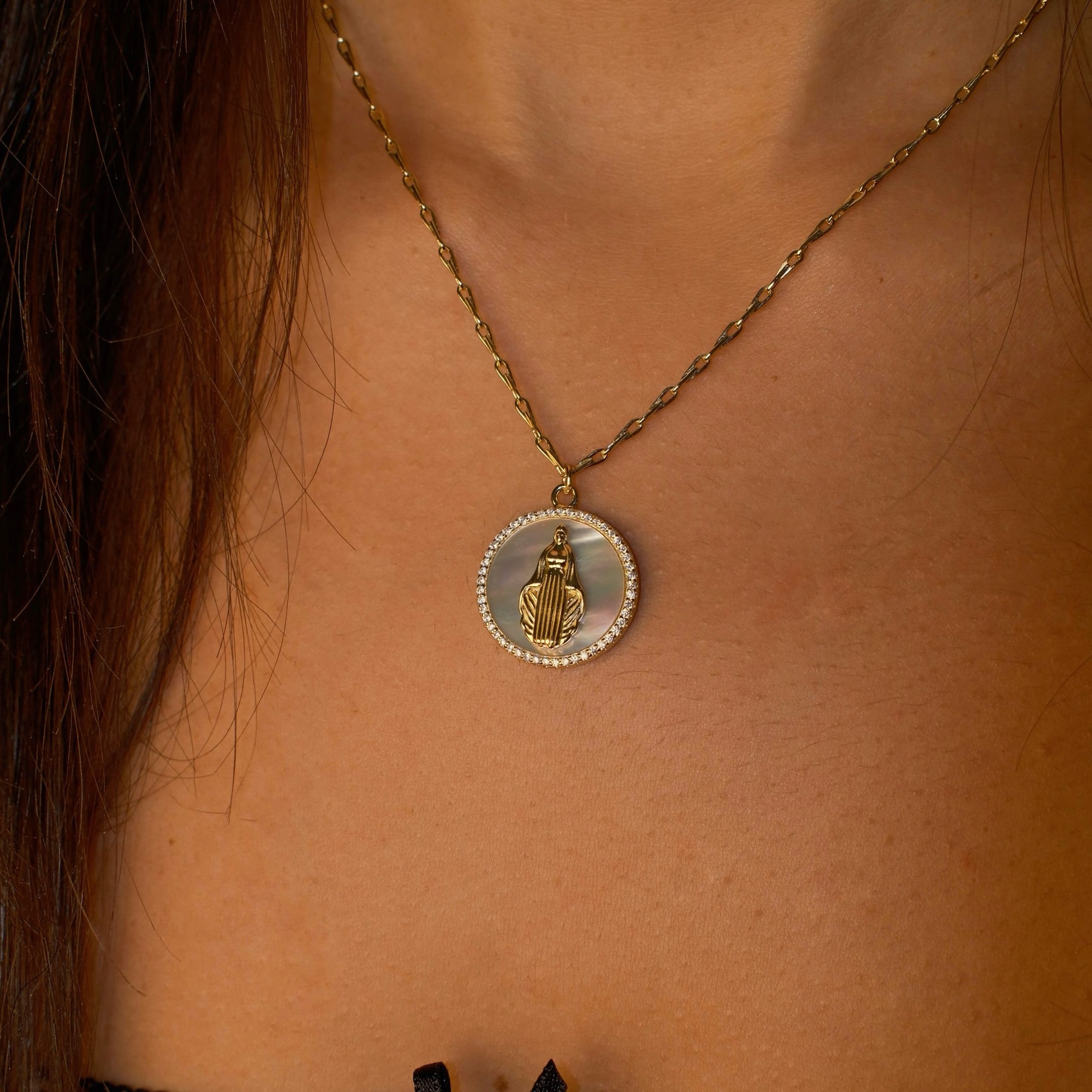Mother of Pearl Stone Virgin Mary Necklace