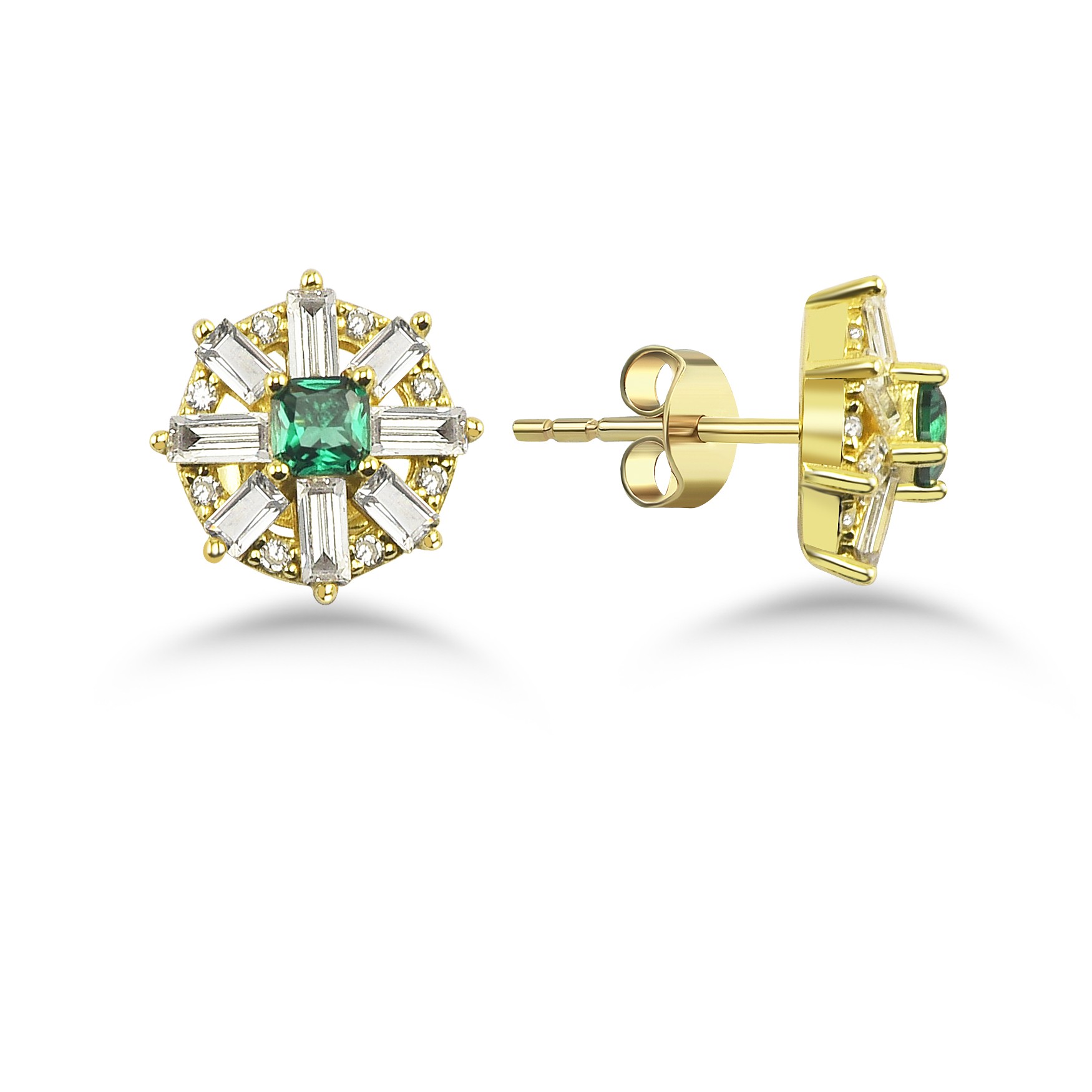 Emerald and Baguette Earrings - Gold