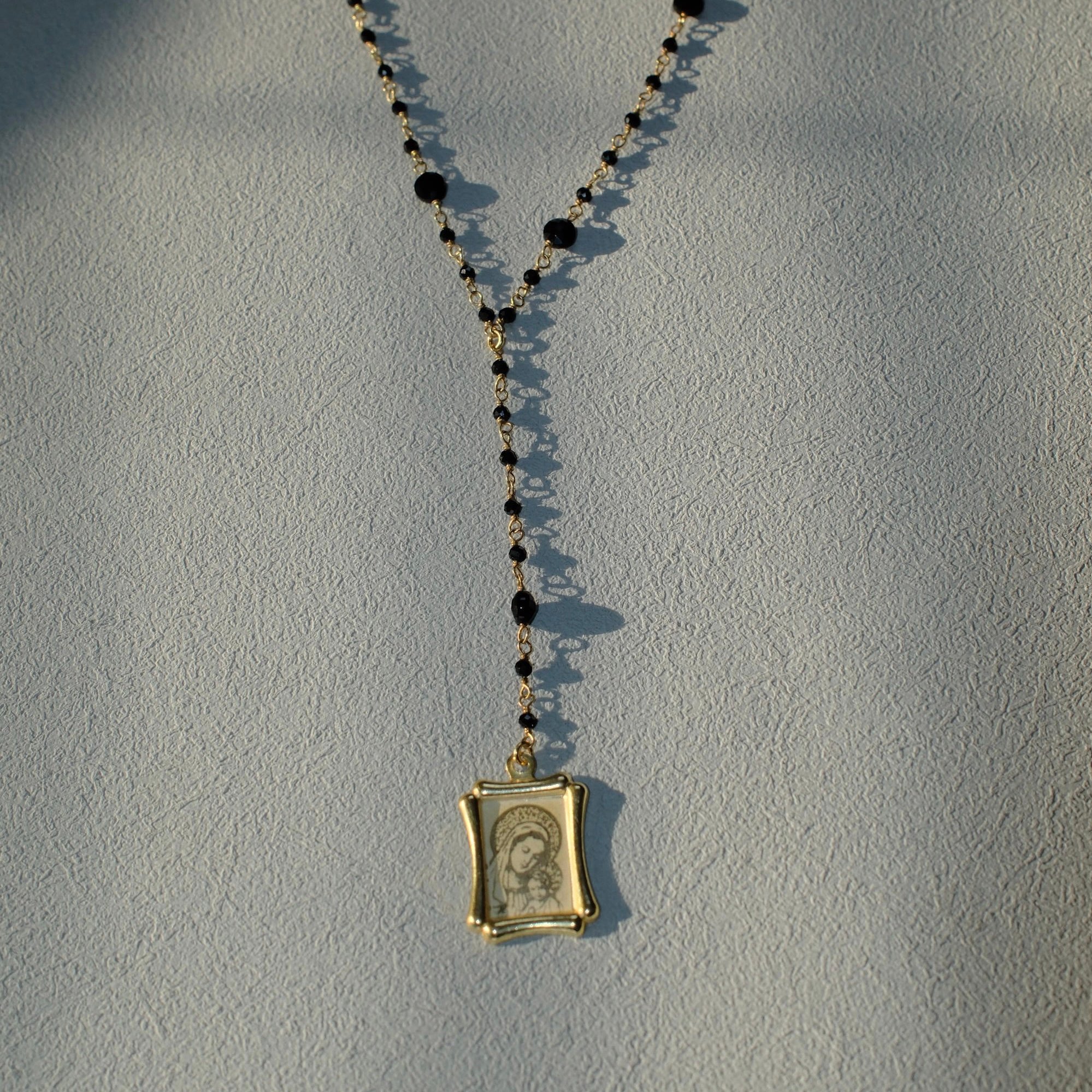 Virgin Mary Onyx Stone Y Necklace