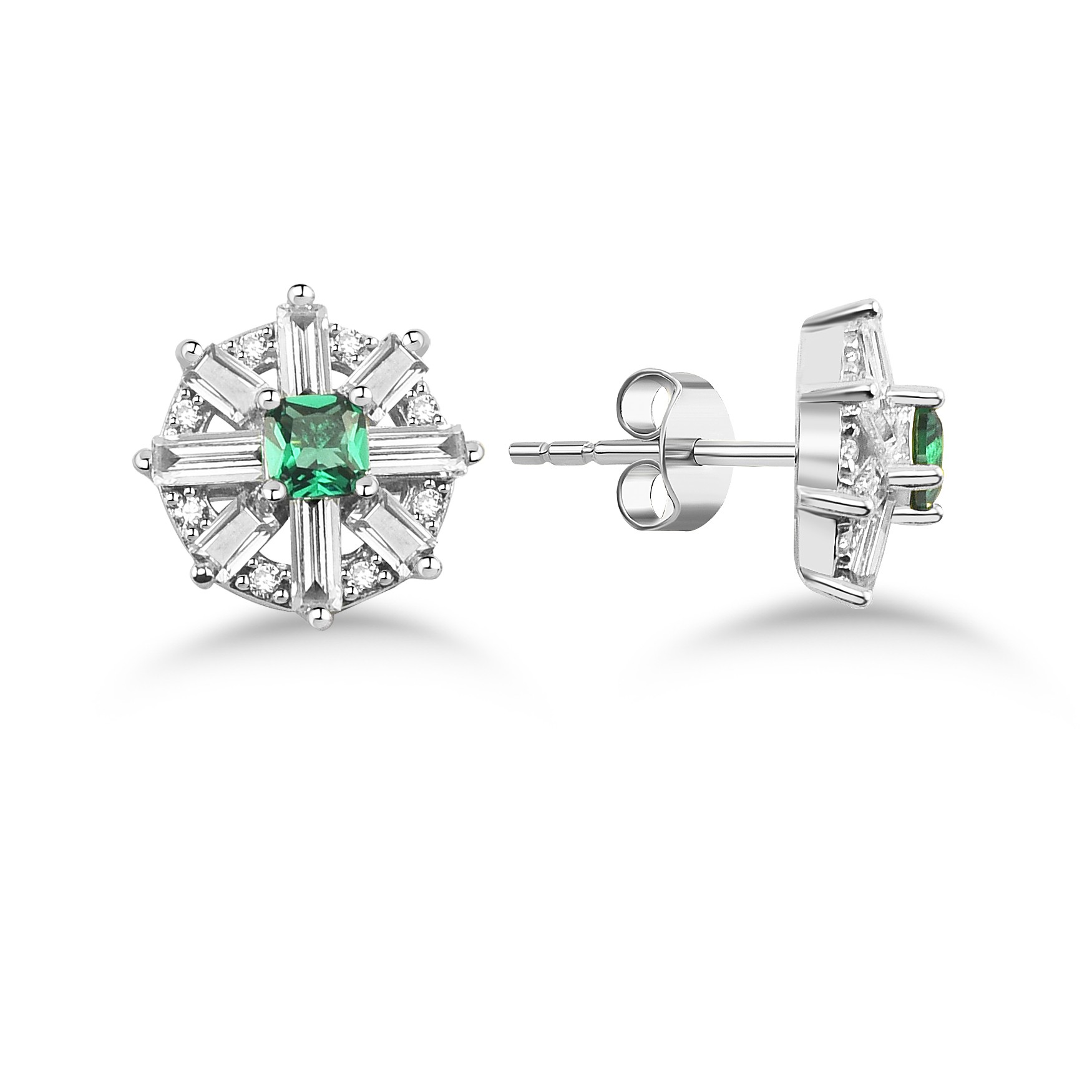 Emerald and Baguette Earrings - Silver