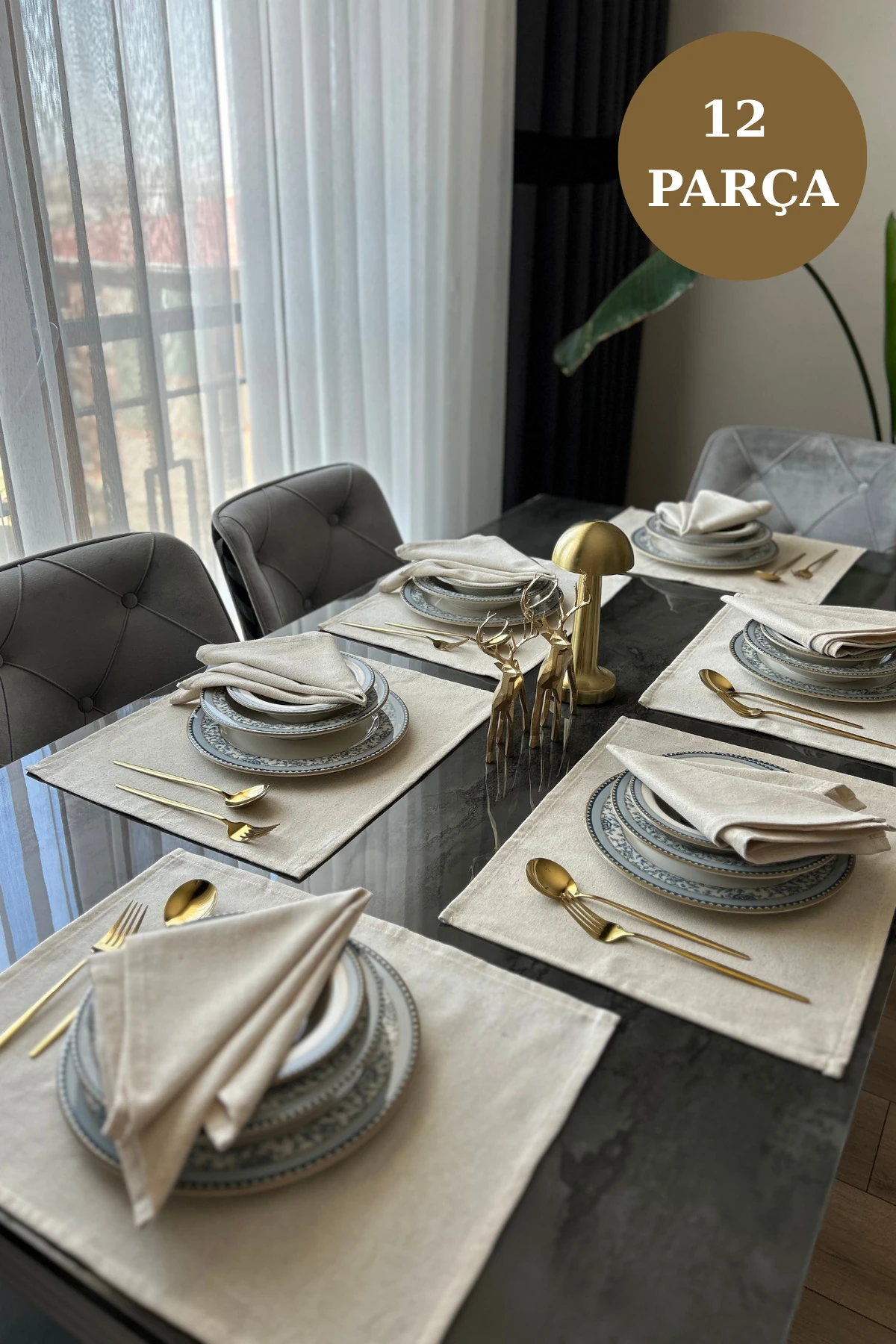 LINEN | 12 Adet Organik Ham Yıkanmış Keten Amerikan Servis Ve Servis Peçetesi Sofra Sunum Takımı