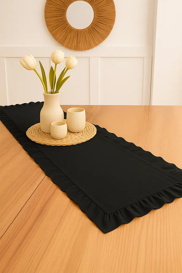 Naturel Siyah Fırfırlı Keten Runner