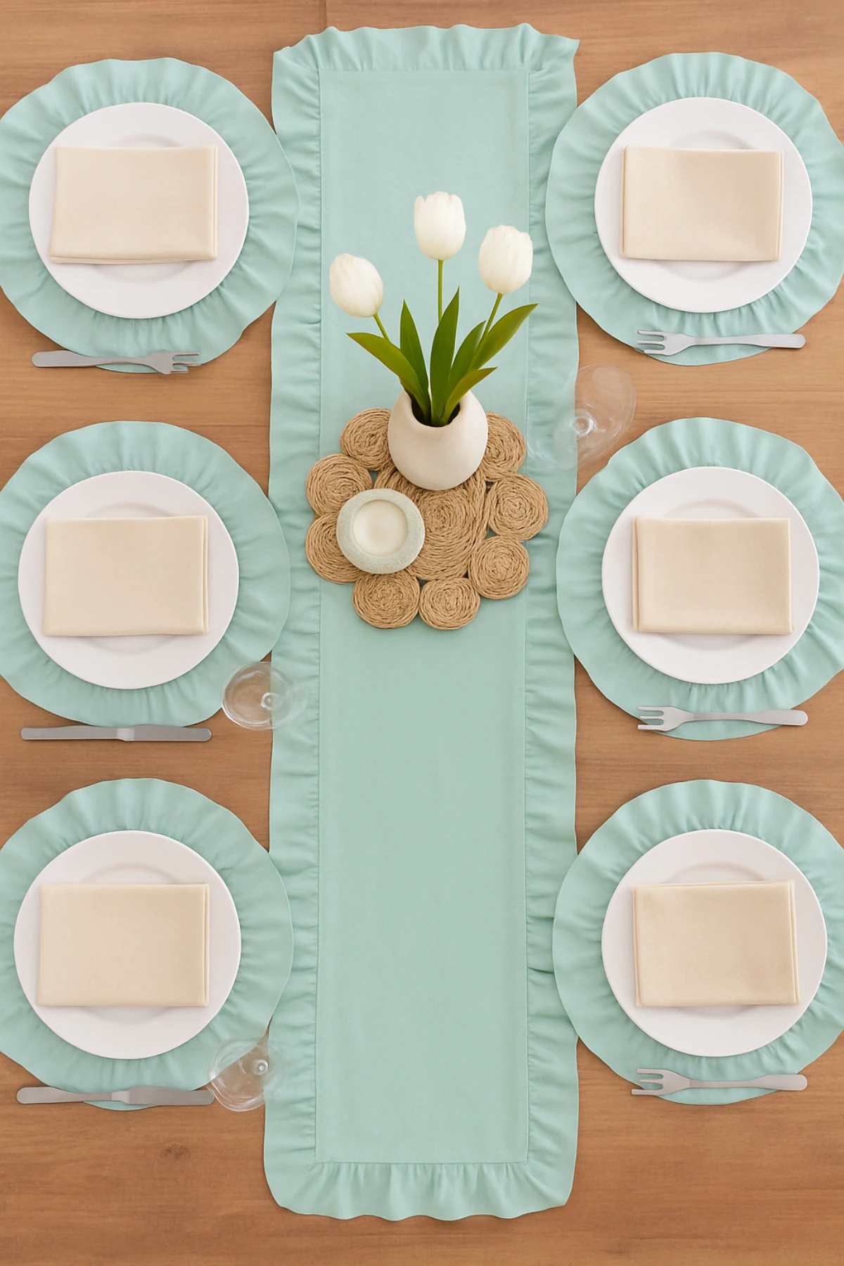 7 Parça Fırfırlı Sofra Sunum Seti 6 Adet Amerikan Servisi Supla + 1 Adet Fırfırlı Runner - Yeşil