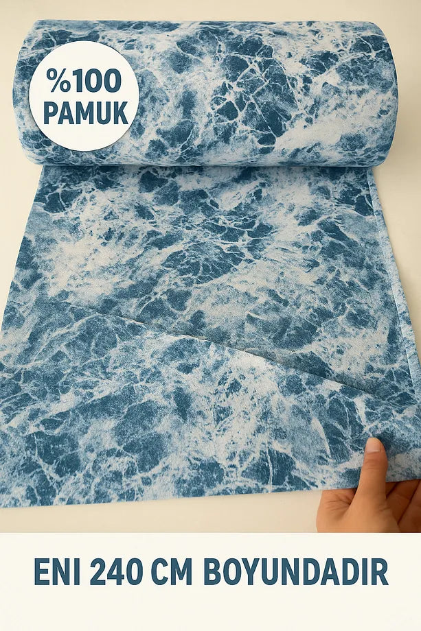 %100 Pamuk Mavi Mermer Poplin Kumaş En: 240 Cm Nevresim, Çarşaf, Yastık Kılıfı, Elbise Ve Çanta
