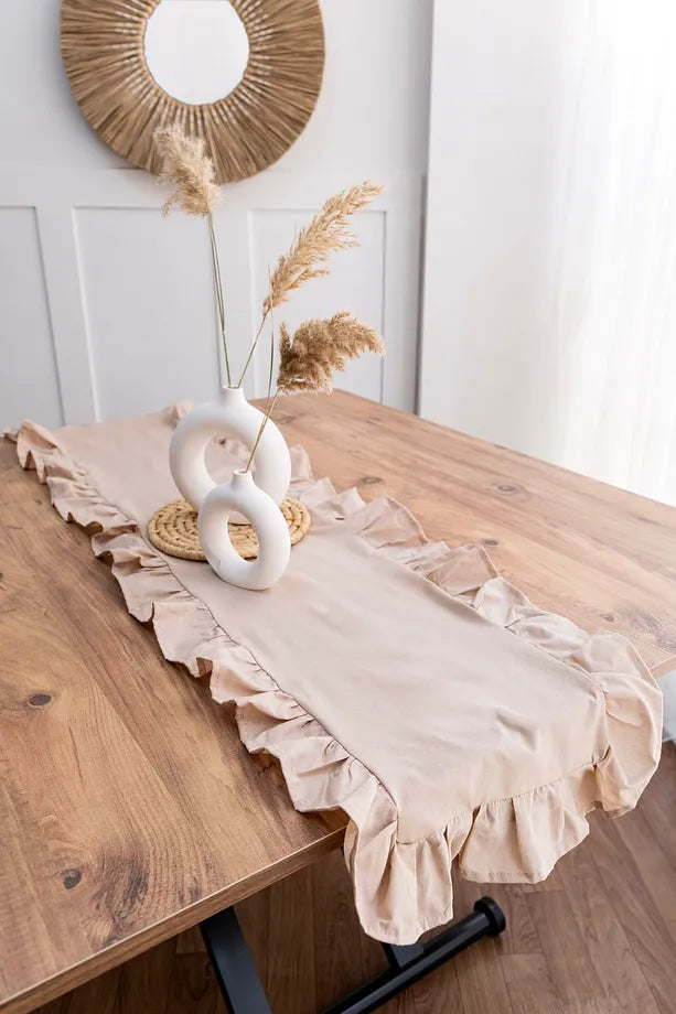 Naturel Kahve Fırfırlı Keten Runner