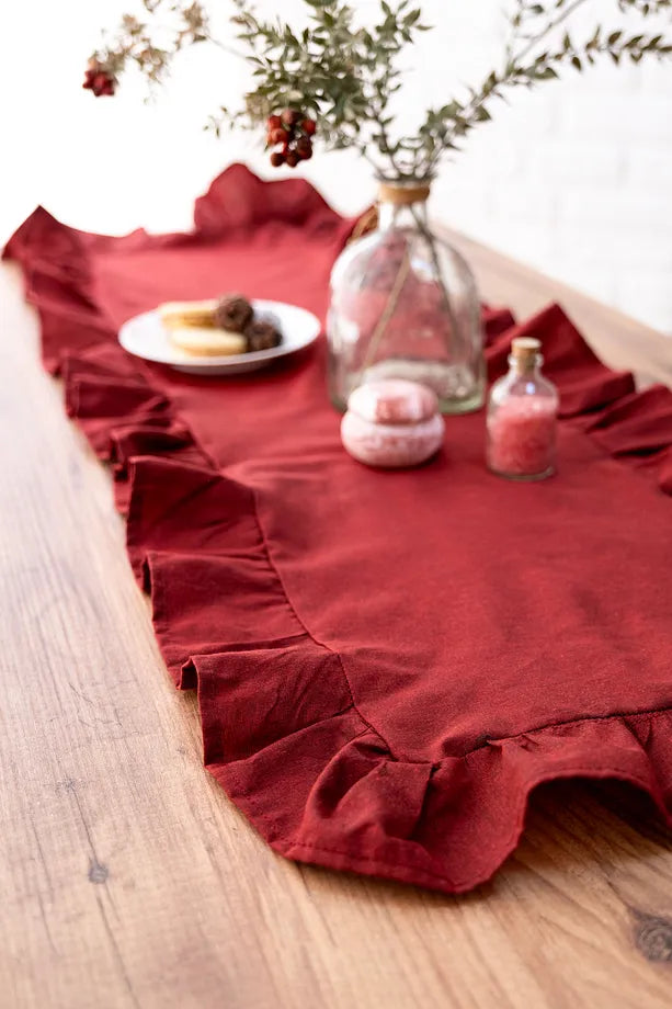 Naturel Kırmızı Bordo Fırfırlı Keten Runner