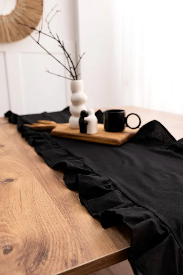 Naturel Siyah Fırfırlı Keten Runner