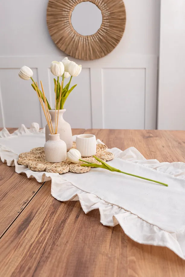 Ham Naturel Fırfırlı Keten Runner