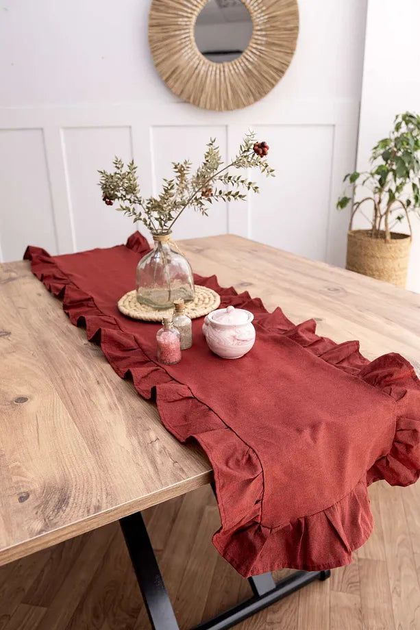 Naturel Kırmızı Bordo Fırfırlı Keten Runner