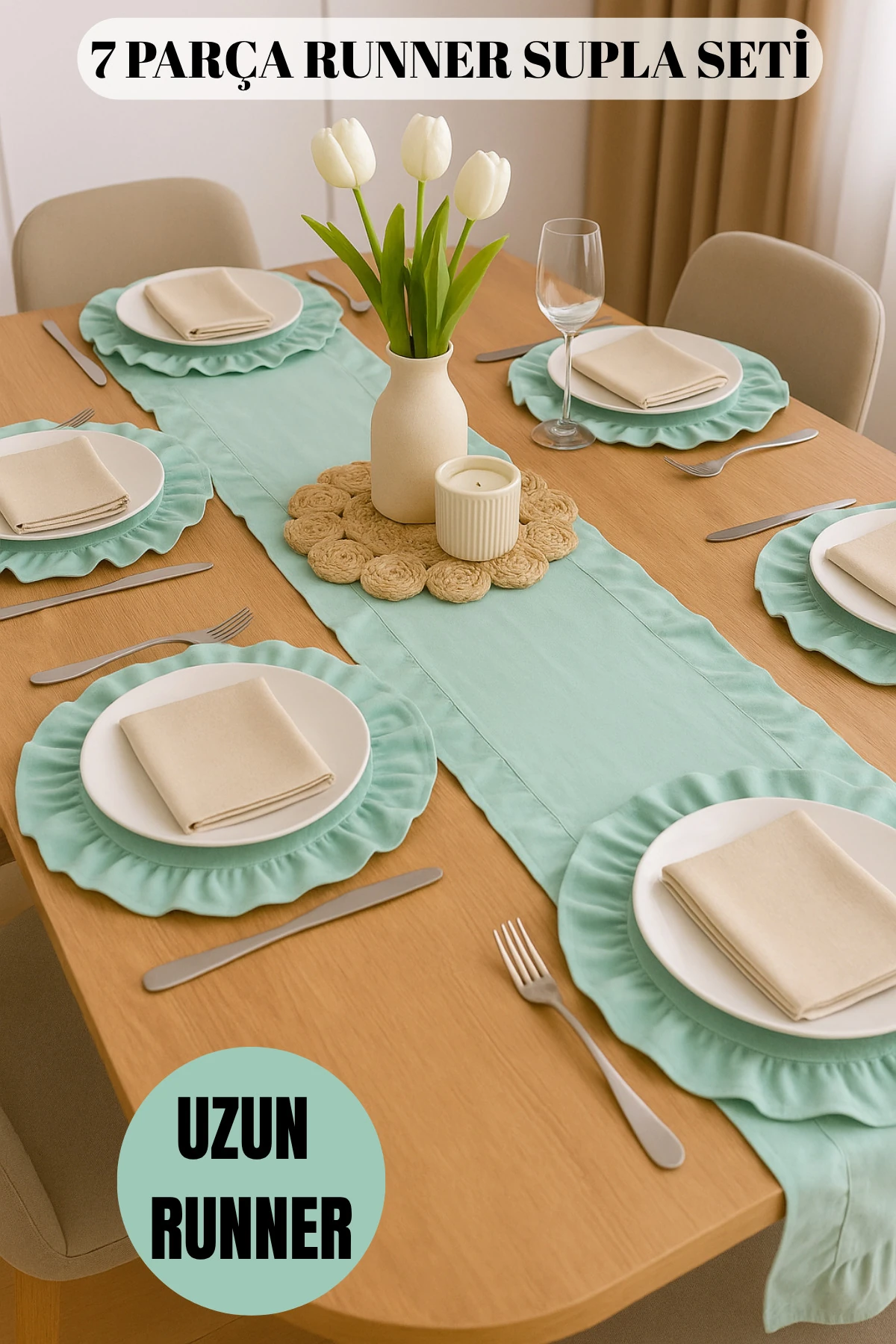 7 Parça Fırfırlı Sofra Sunum Seti 6 Adet Amerikan Servisi Supla + 1 Adet Fırfırlı Runner - Yeşil