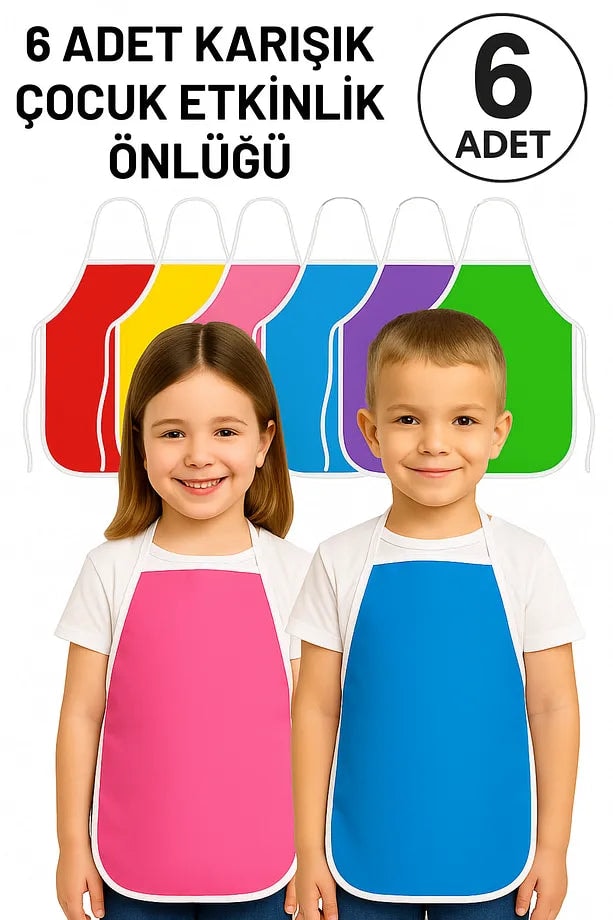 6 Adet Çocuklar İçin Renkli Etkinlik Boyama Önlükleri - Su Geçirmez ve Dayanıklı & 30x50 cm 2-8 Yaş