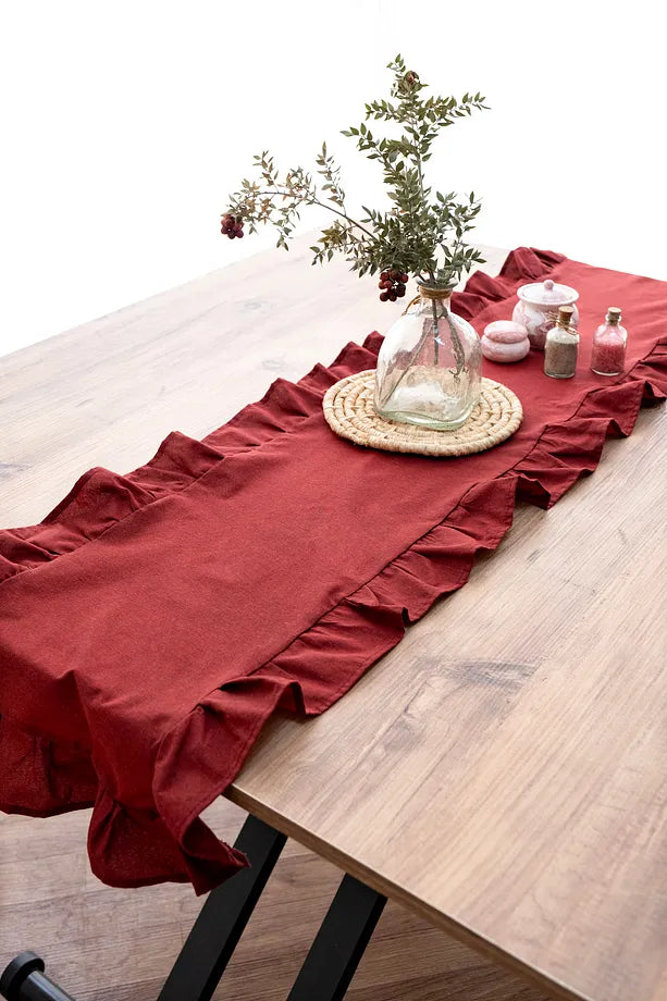 Naturel Kırmızı Bordo Fırfırlı Keten Runner
