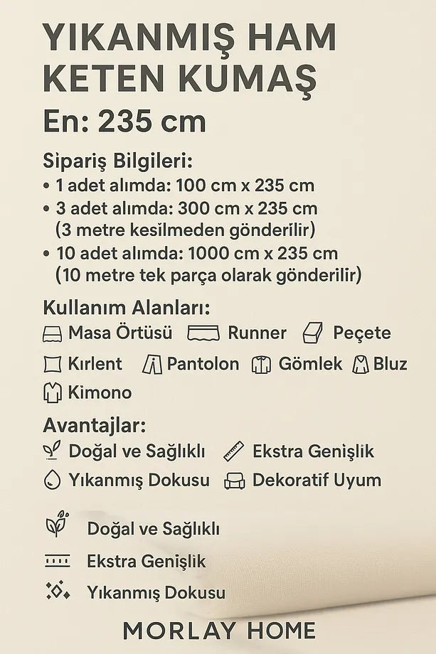 Yıkanmış Ham Naturel Keten Kumaş - 235 cm En - Organik - Doğal - Punch - Dikiş - Döşemelik Kumaş