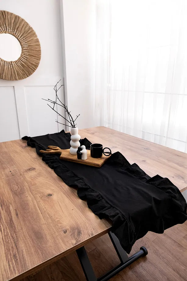 Naturel Siyah Fırfırlı Keten Runner