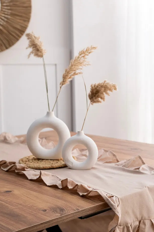 Naturel Kahve Fırfırlı Keten Runner