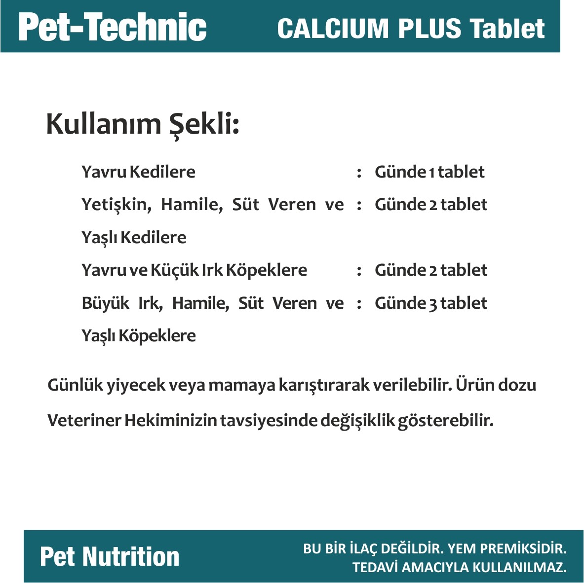 Pet-Technic Calcium Plus Tablet, Kedi Köpek Kalsiyum Desteği, Kemik ve Diş Sağlığı, 75 Tablet