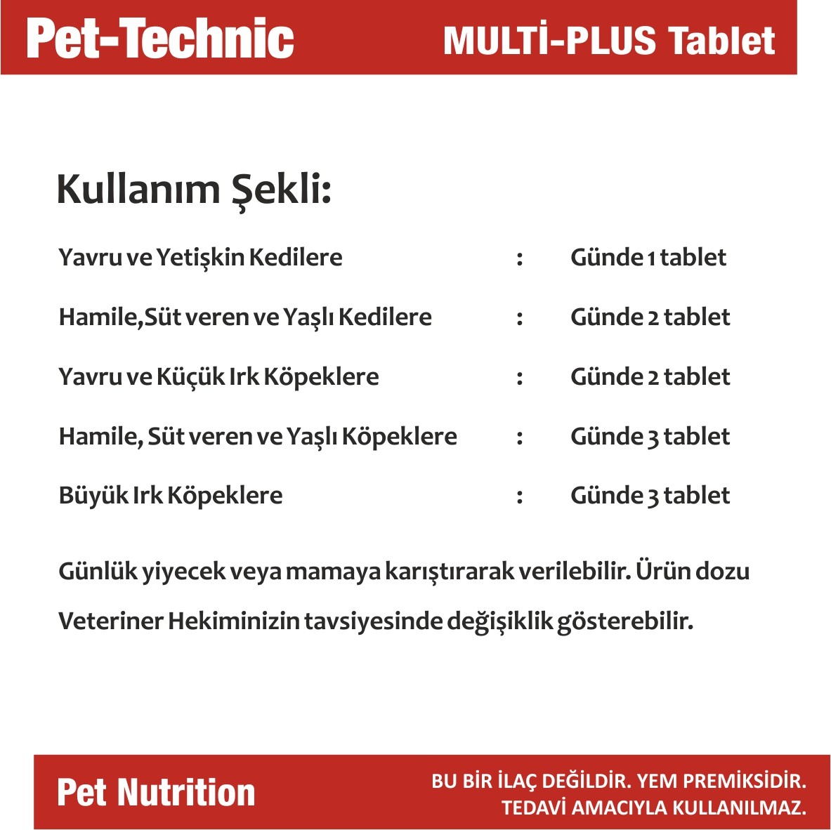 Pet-Technic Multi Plus Tablet, Kedi Köpek Multivitamin Desteği, Bağışıklık ve Tüy Sağlığı, 75 Tablet