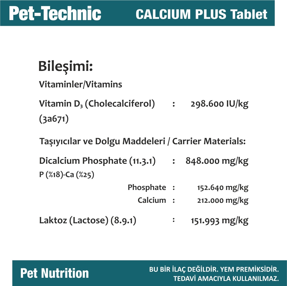 Pet-Technic Calcium Plus Tablet, Kedi Köpek Kalsiyum Desteği, Kemik ve Diş Sağlığı, 75 Tablet