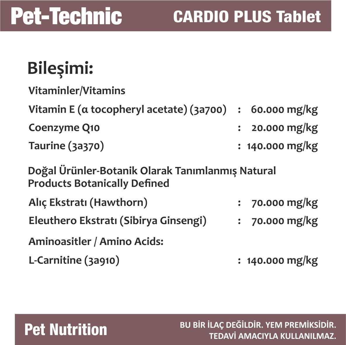 Pet-Technic Cardio Plus Tablet, Kedi Köpek Kalp Sağlığı, Kardiyo Desteği, Koenzim Q10 & Taurin, 75 Tablet