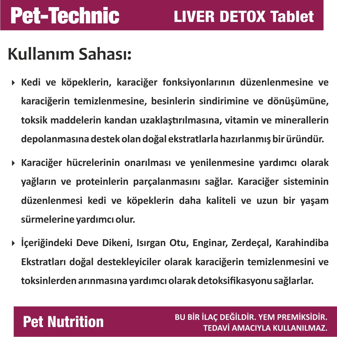 Pet-Technic Liver Detox Tablet, Kedi Köpek Karaciğer Sağlığı, Doğal Detoks Desteği, 75 Tablet