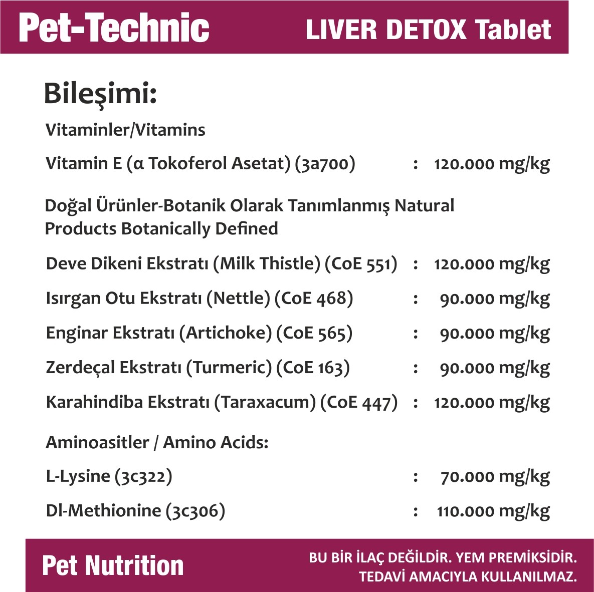 Pet-Technic Liver Detox Tablet, Kedi Köpek Karaciğer Sağlığı, Doğal Detoks Desteği, 75 Tablet