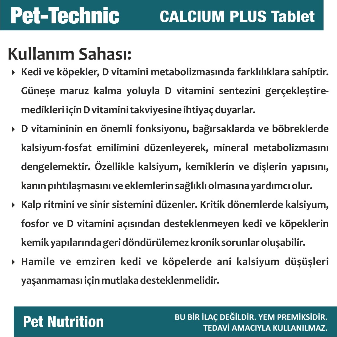 Pet-Technic Calcium Plus Tablet, Kedi Köpek Kalsiyum Desteği, Kemik ve Diş Sağlığı, 75 Tablet