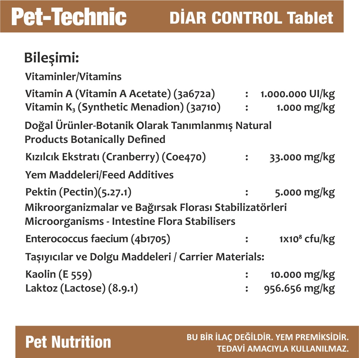 Pet-Technic Diar Control Tablet, Kedi Köpek Bağırsak Sağlığı, Sindirim ve İshal Desteği, 75 Tablet