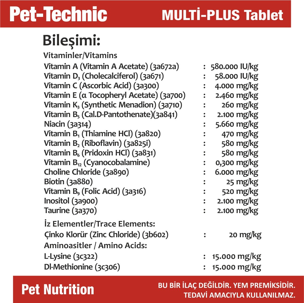 Pet-Technic Multi Plus Tablet, Kedi Köpek Multivitamin Desteği, Bağışıklık ve Tüy Sağlığı, 75 Tablet