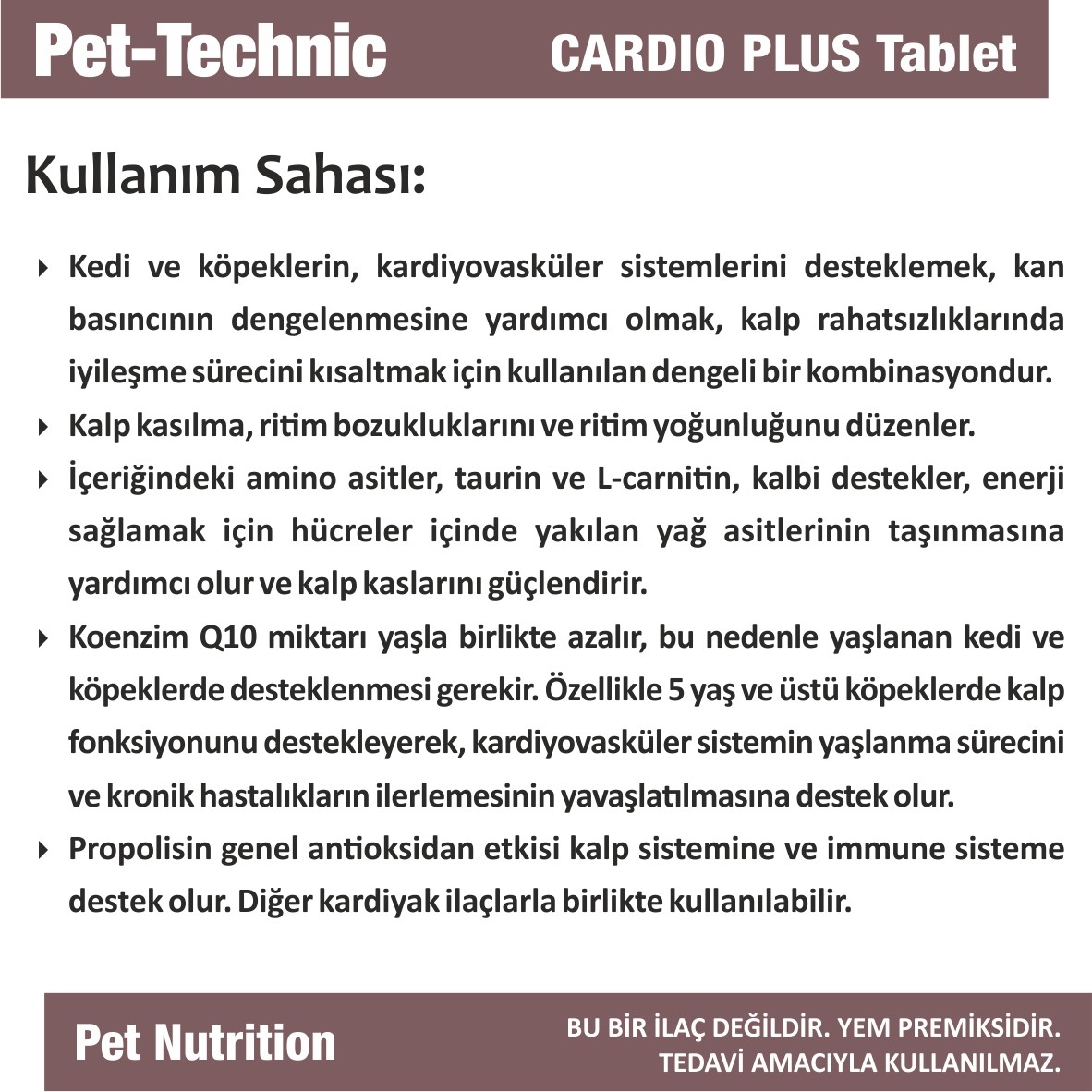 Pet-Technic Cardio Plus Tablet, Kedi Köpek Kalp Sağlığı, Kardiyo Desteği, Koenzim Q10 & Taurin, 75 Tablet