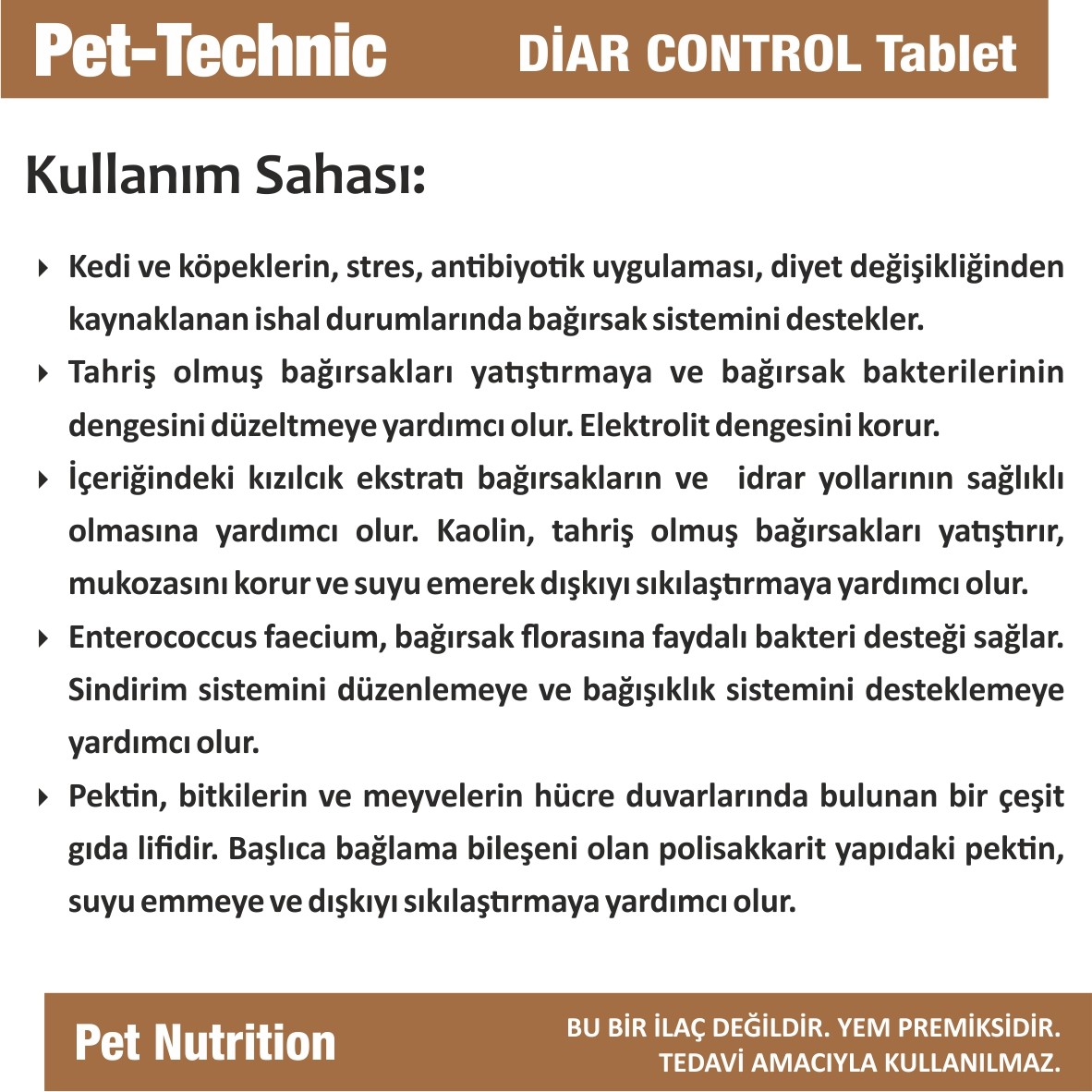 Pet-Technic Diar Control Tablet, Kedi Köpek Bağırsak Sağlığı, Sindirim ve İshal Desteği, 75 Tablet