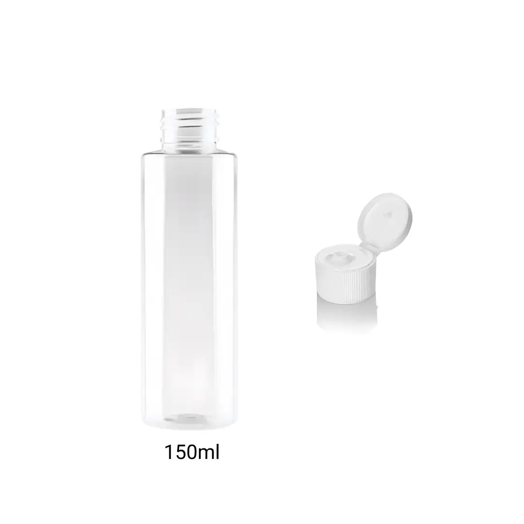 150ml PET Düz Omuz Şeffaf Şişe ve Beyaz Fliptop Kapak