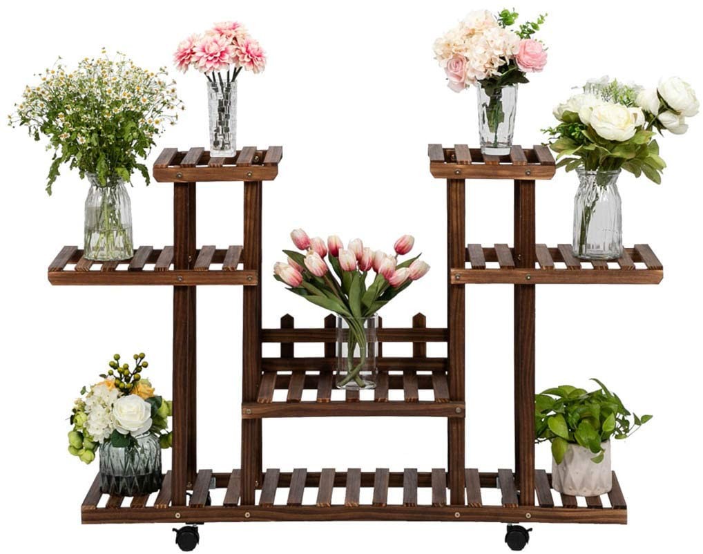 Ahşap Çiçeklik Dekoratif Büyük Model Tekerlekli Premium Çiçek Standı