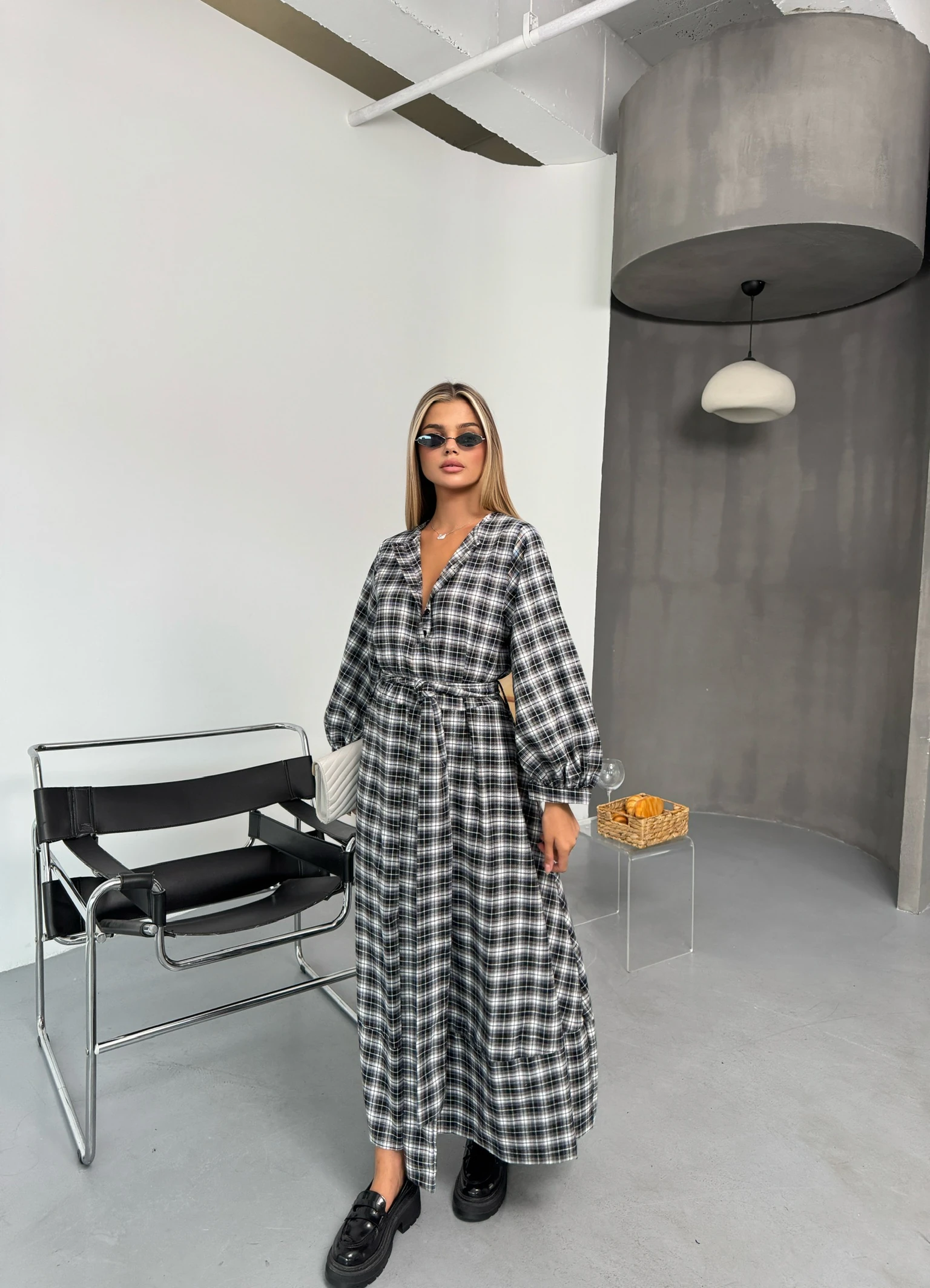 Luna Ekose Midi Elbise - Antrasit