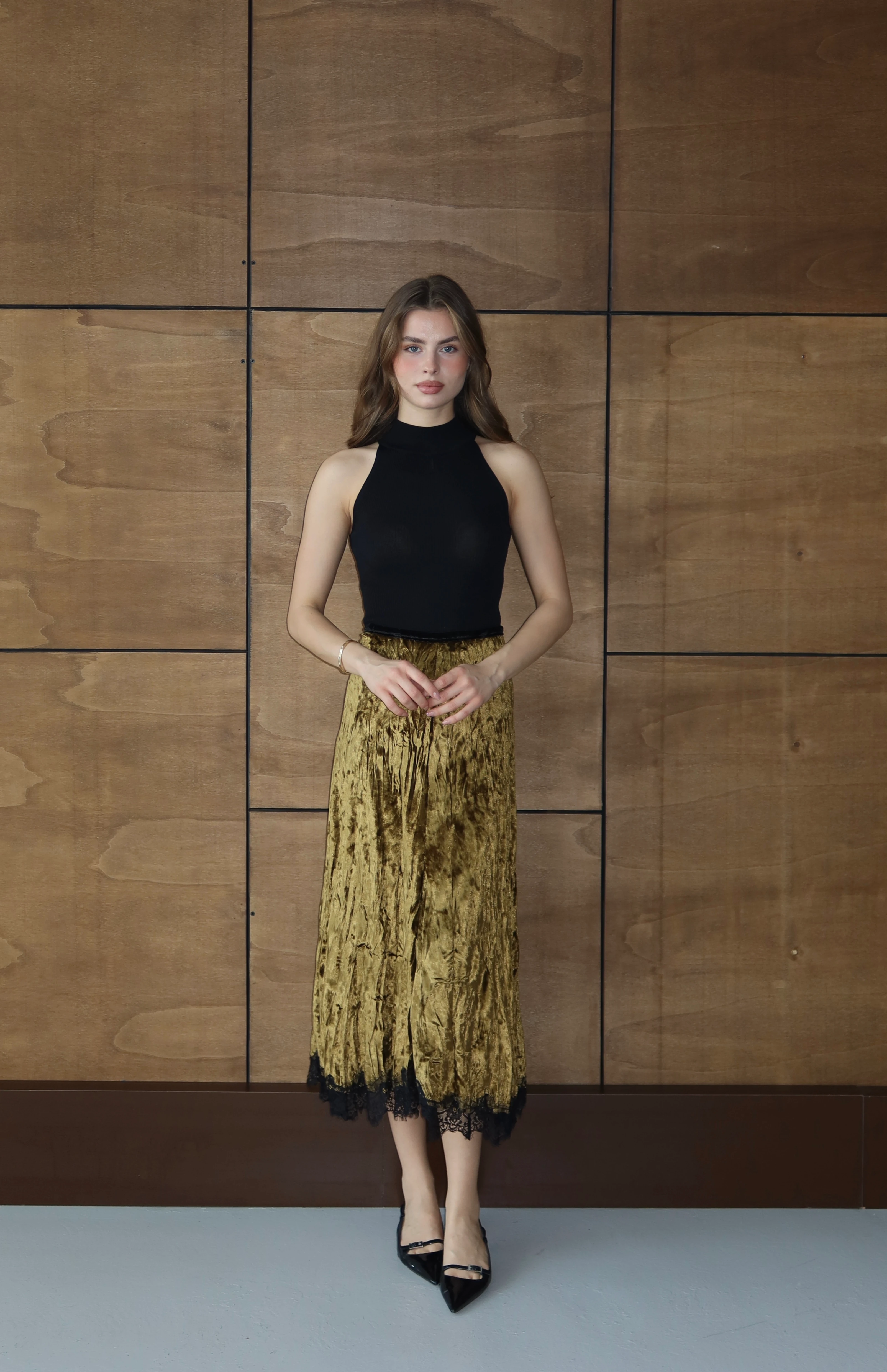 Kadife Dantel Mini Etek - Sarı