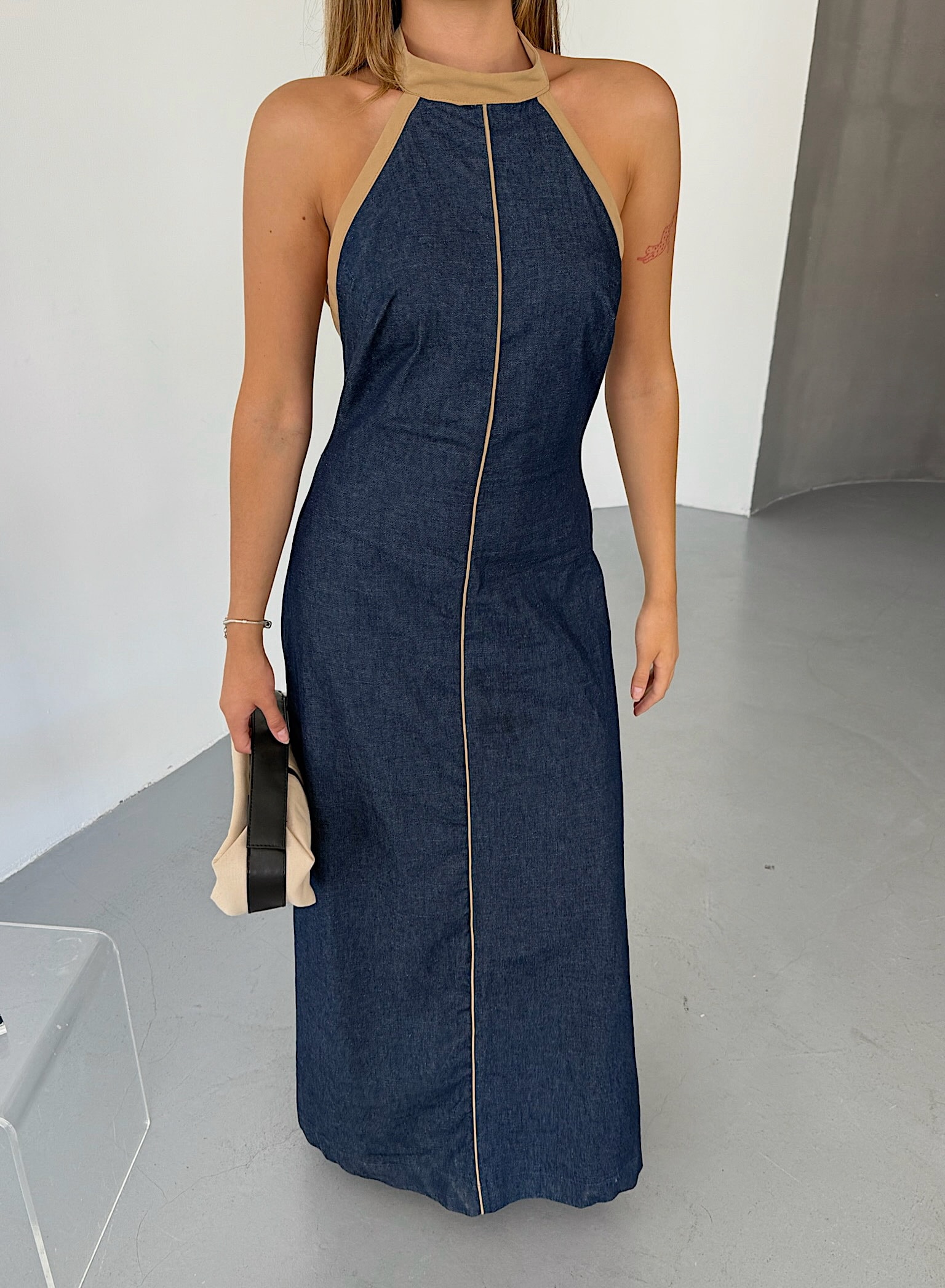 Denim Halter Maxi Elbise