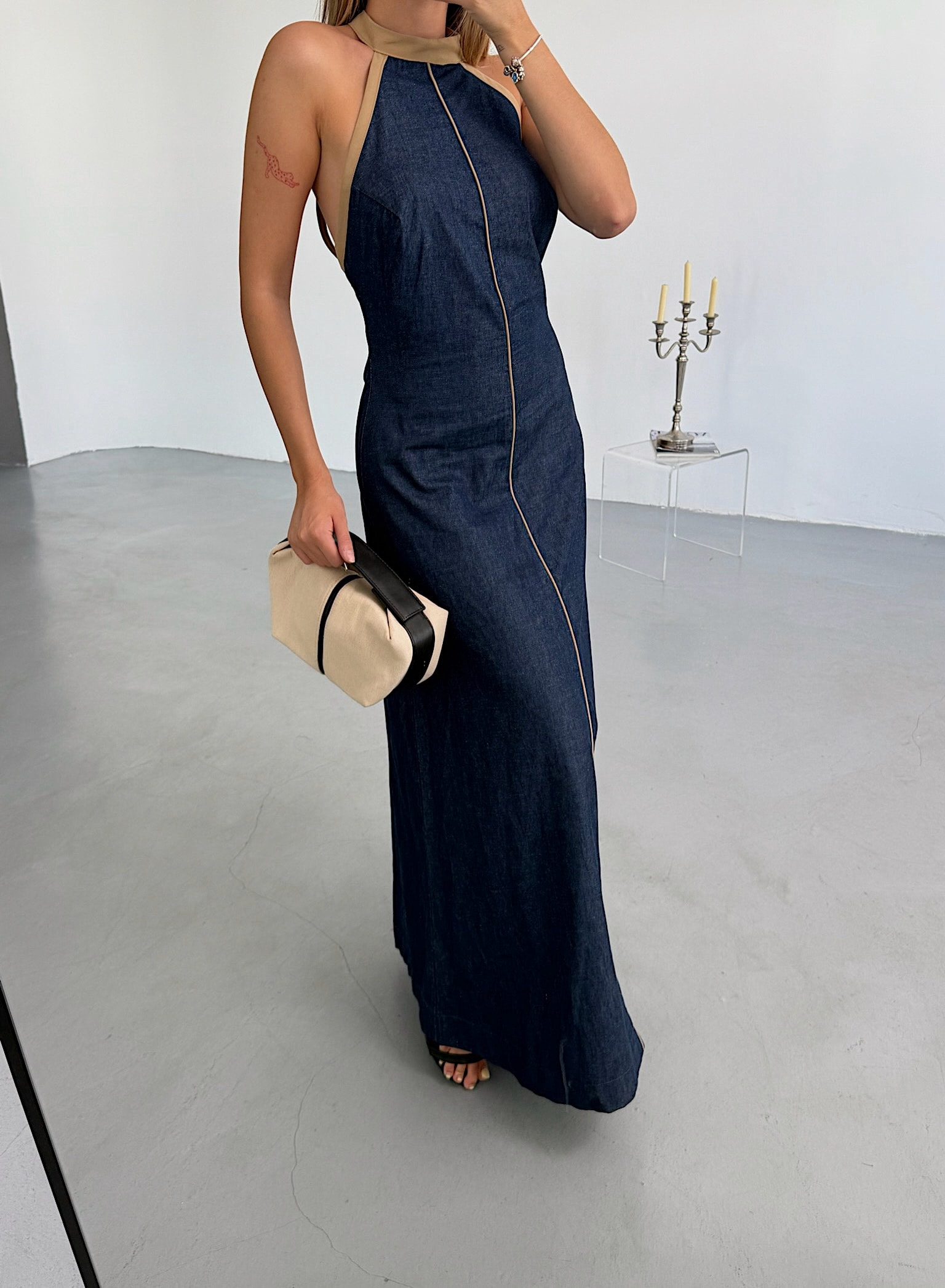 Denim Halter Maxi Elbise