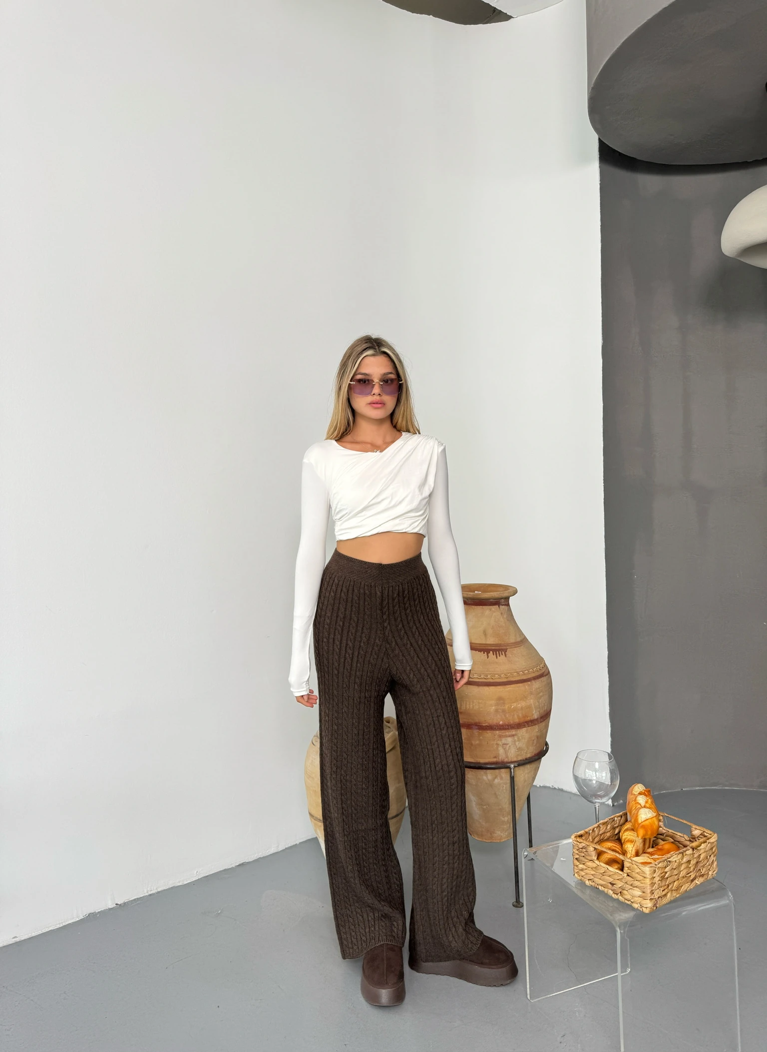 Kabel Triko Pantolon - Kahverengi