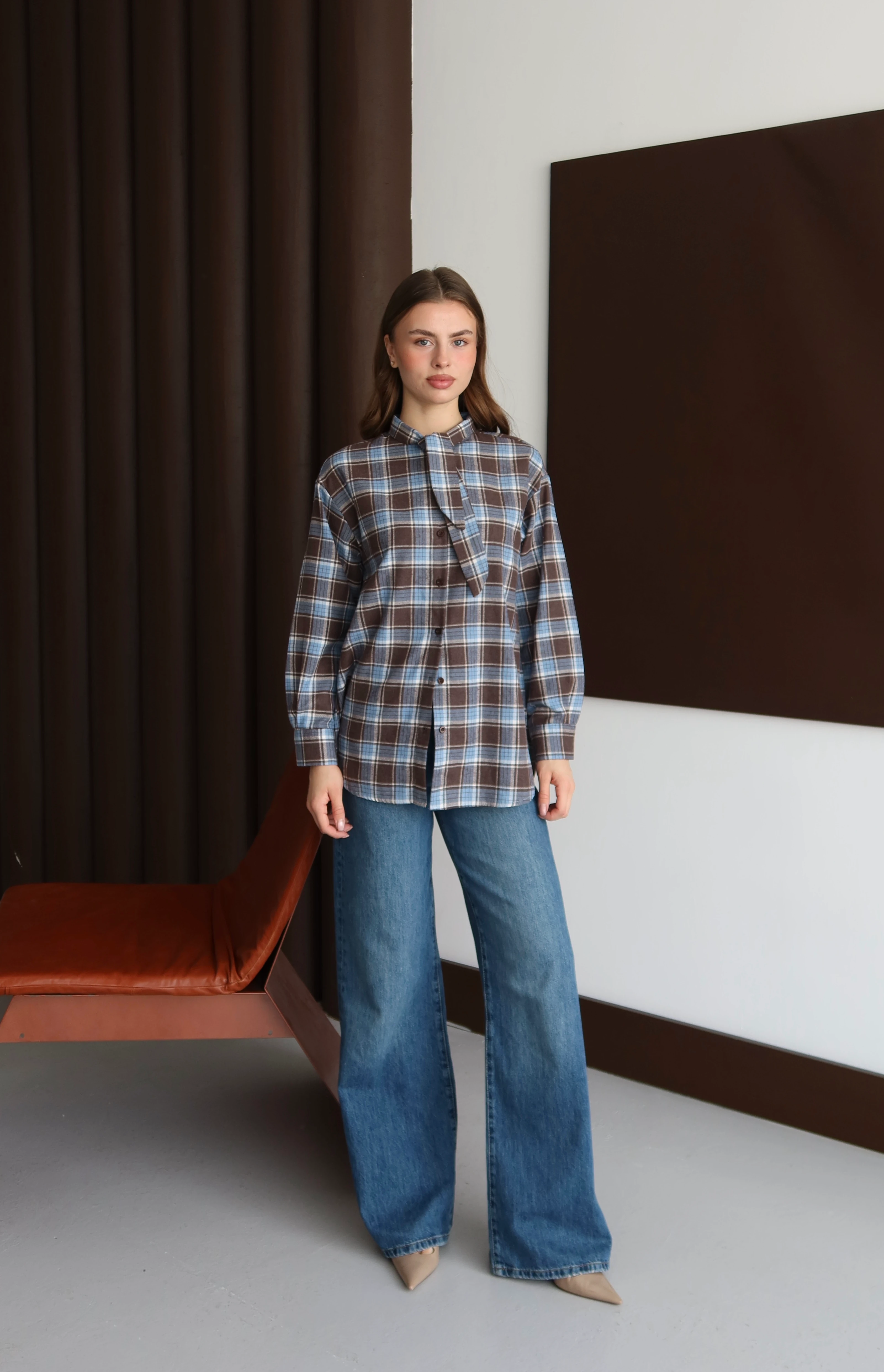 Bağ Yaka Ekose Gömlek - Mavi