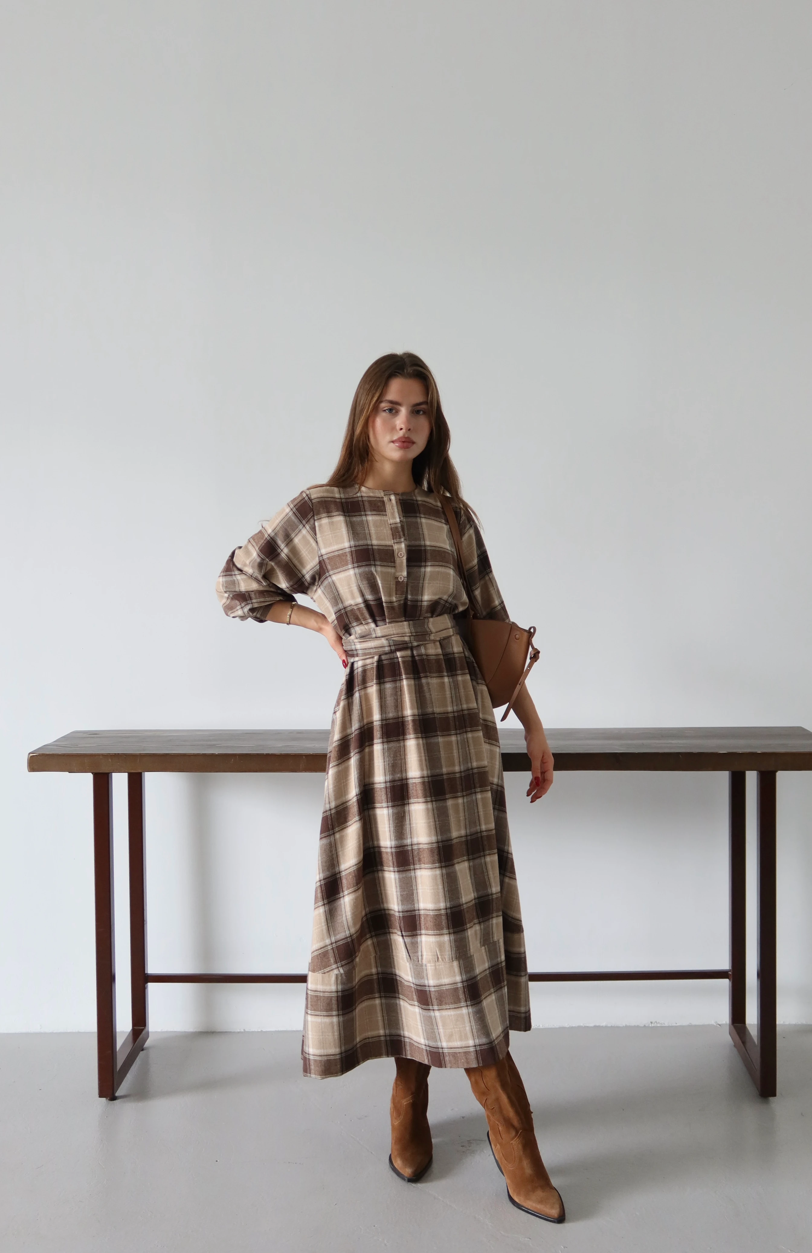 Luna Ekose Midi Elbise - Bej