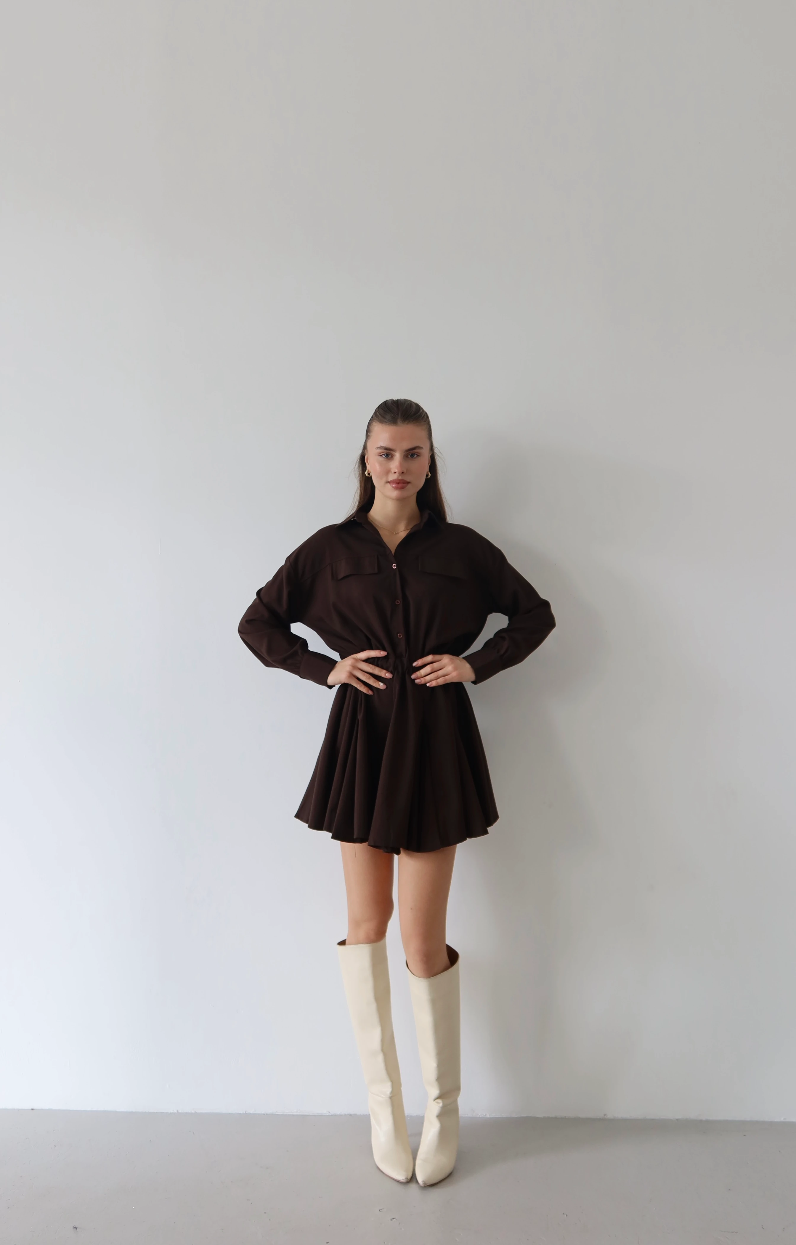 Bel Vurgulu Gömlek Elbise - Kahverengi