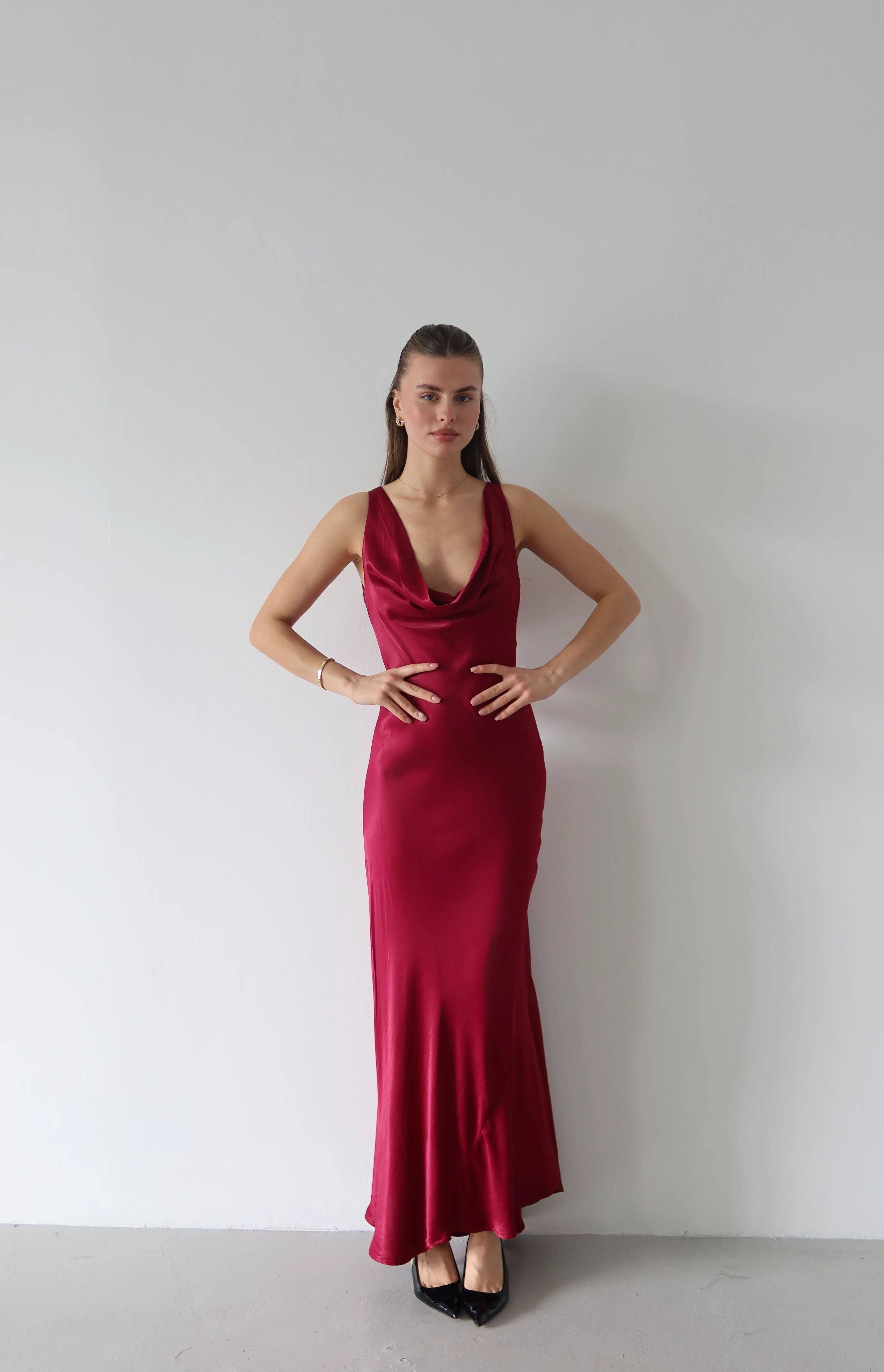 Luna Saten Maxi Elbise - Bordo