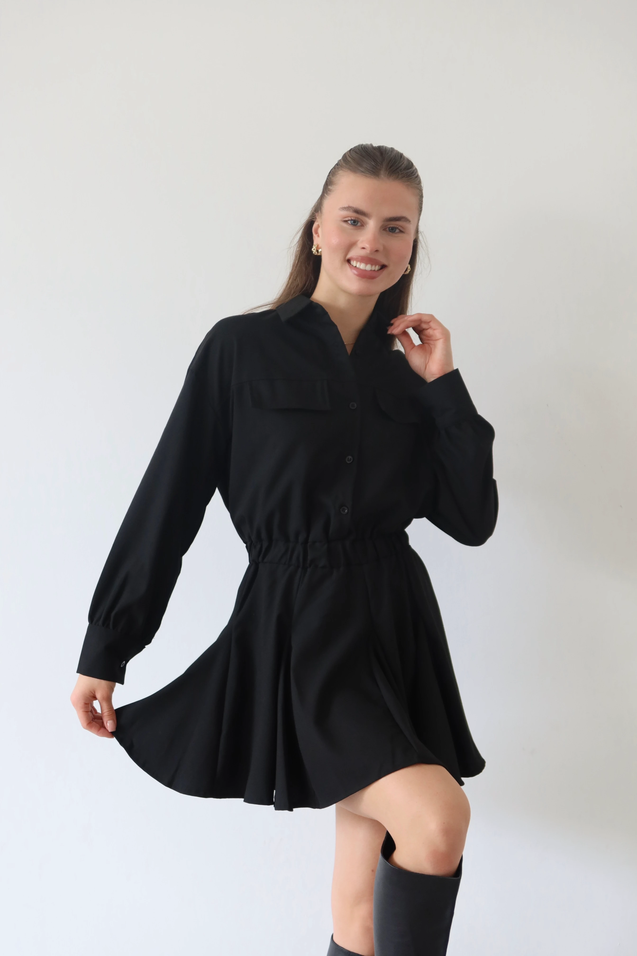 Bel Vurgulu Gömlek Elbise