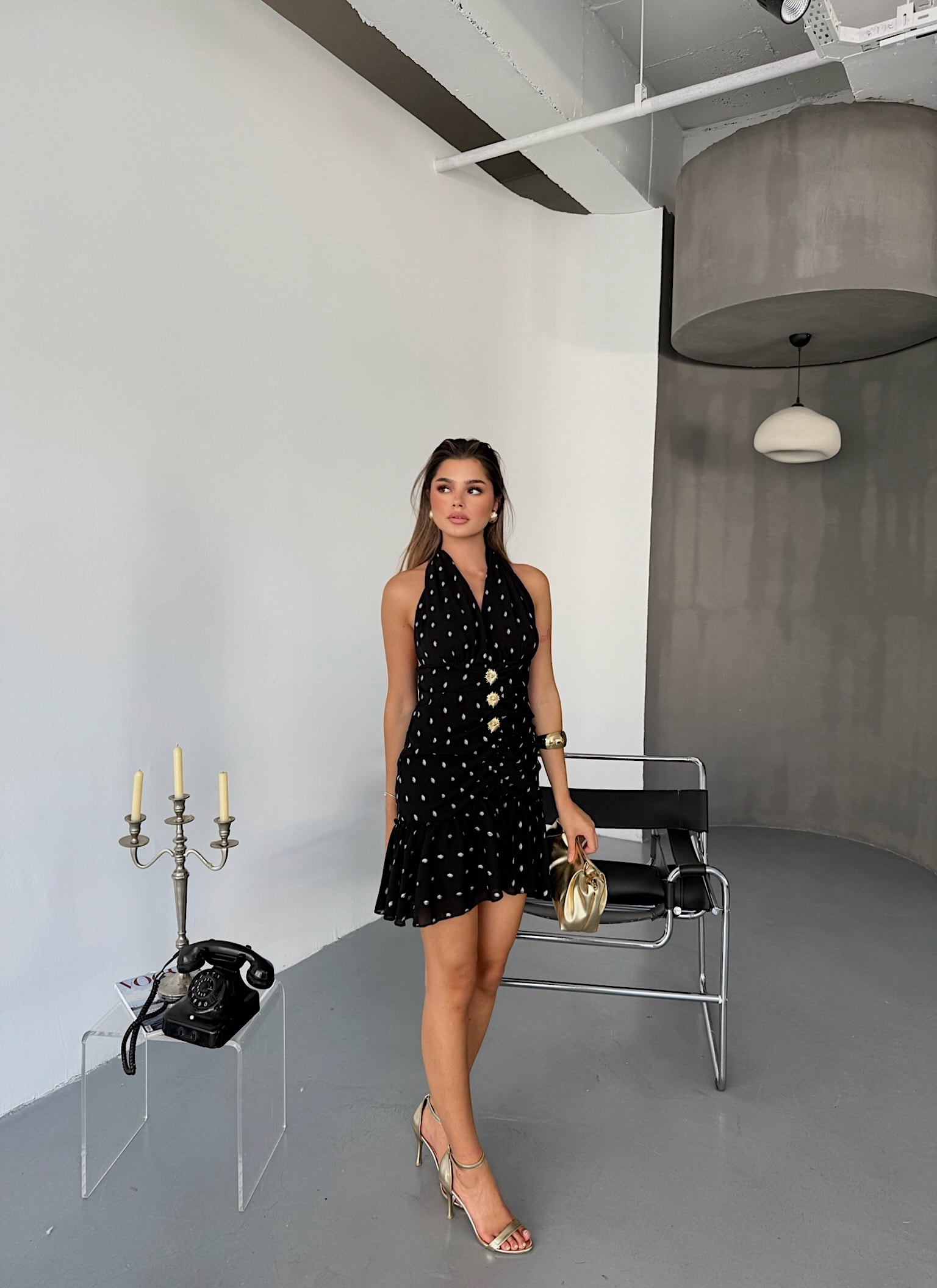 Gold Düğme Detaylı Mini Elbise