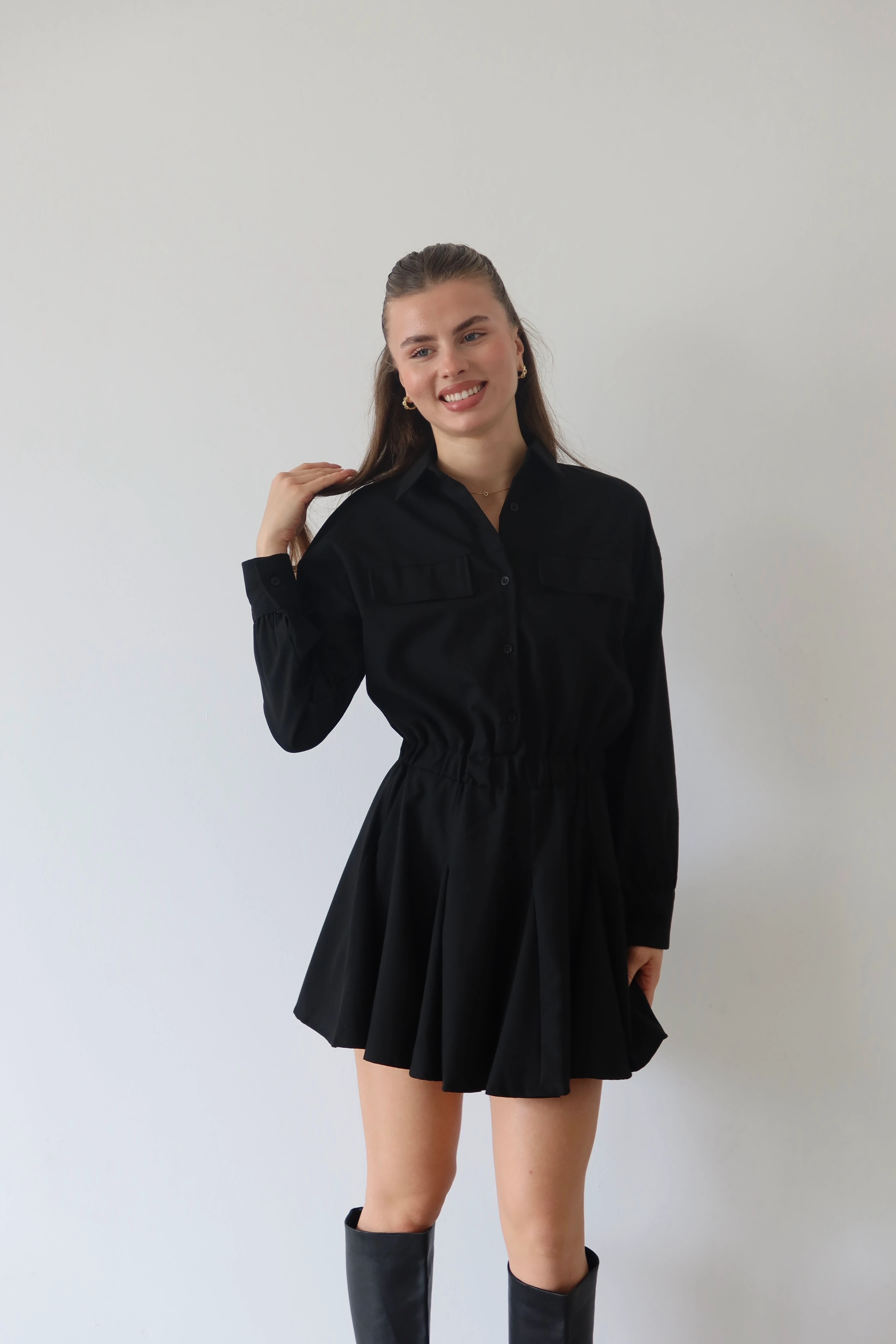 Bel Vurgulu Gömlek Elbise