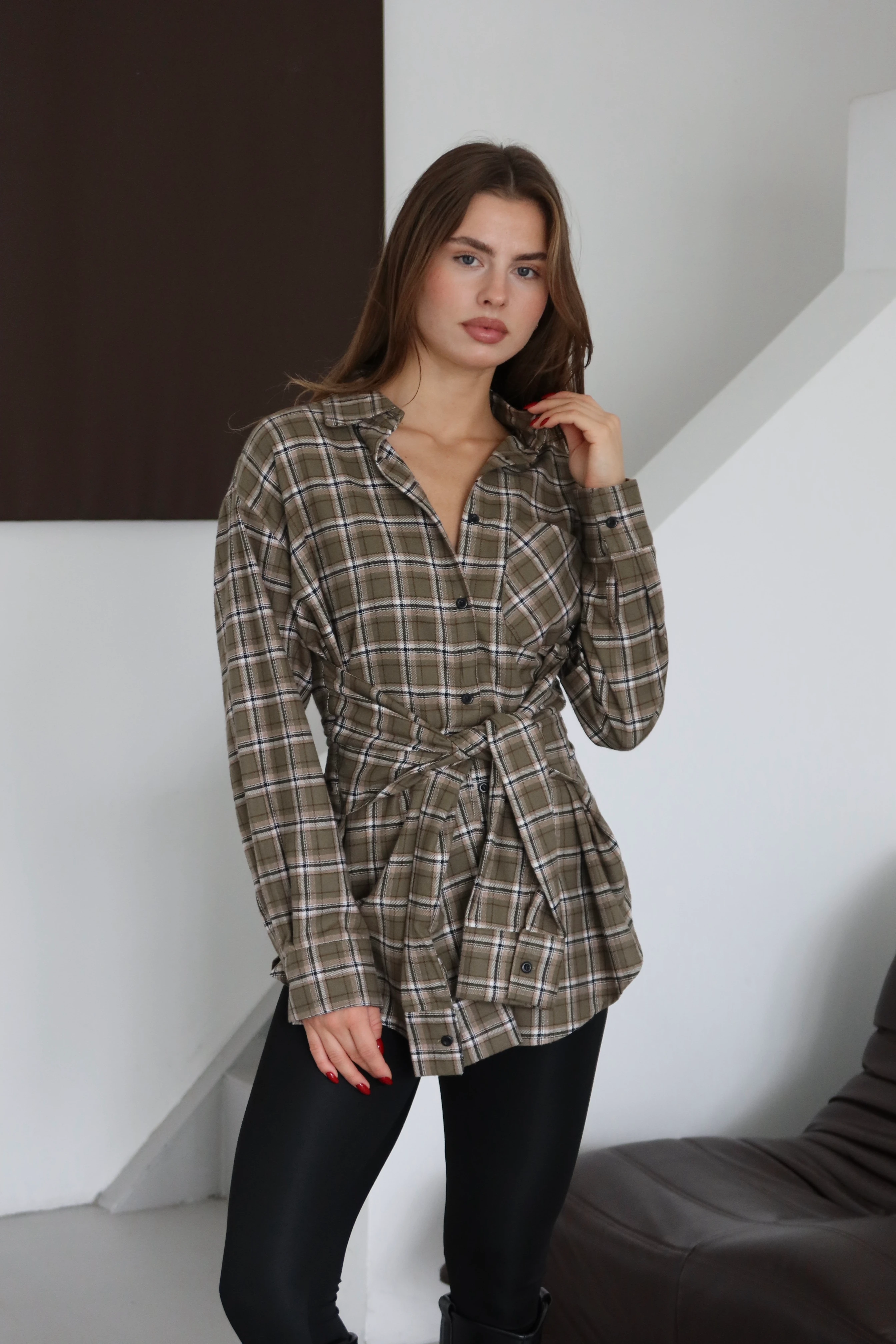 Ekoseli Dört Kollu Gömlek - Haki