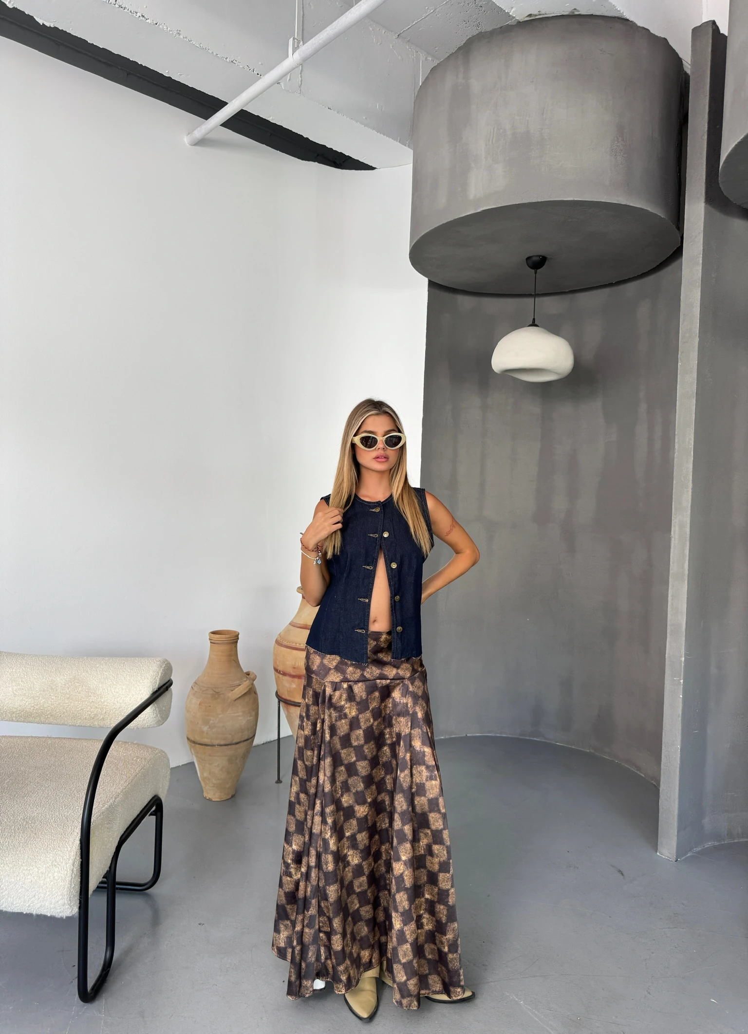 Saten Karetta Etek - Kahverengi