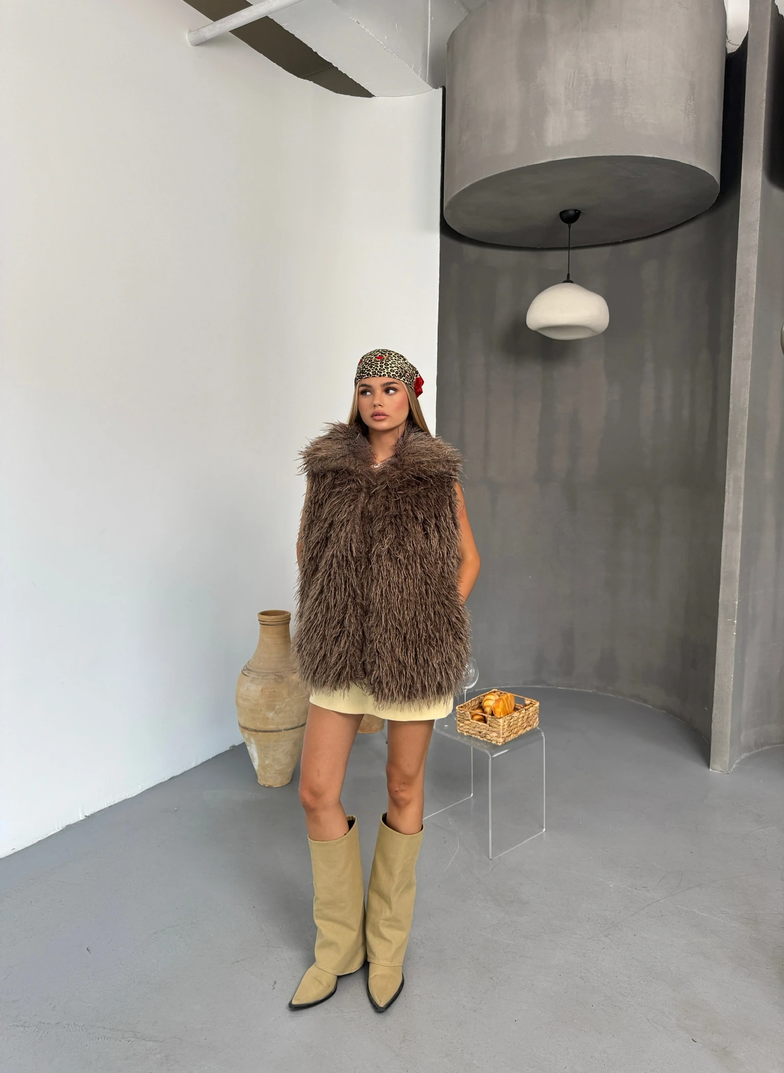 Karma Peluş Yelek - Kahverengi