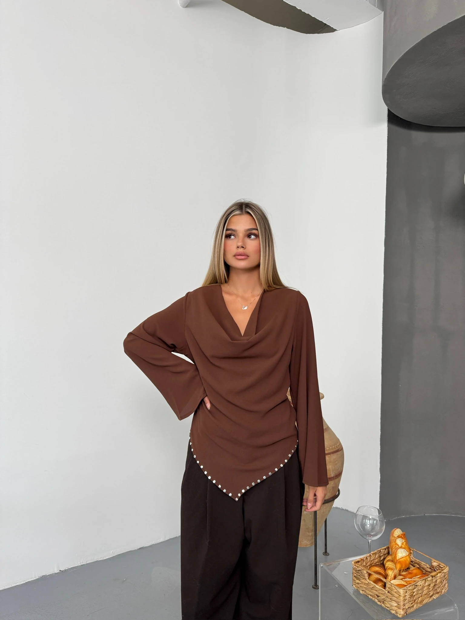 Taşlı Drape Bluz - Kahverengi